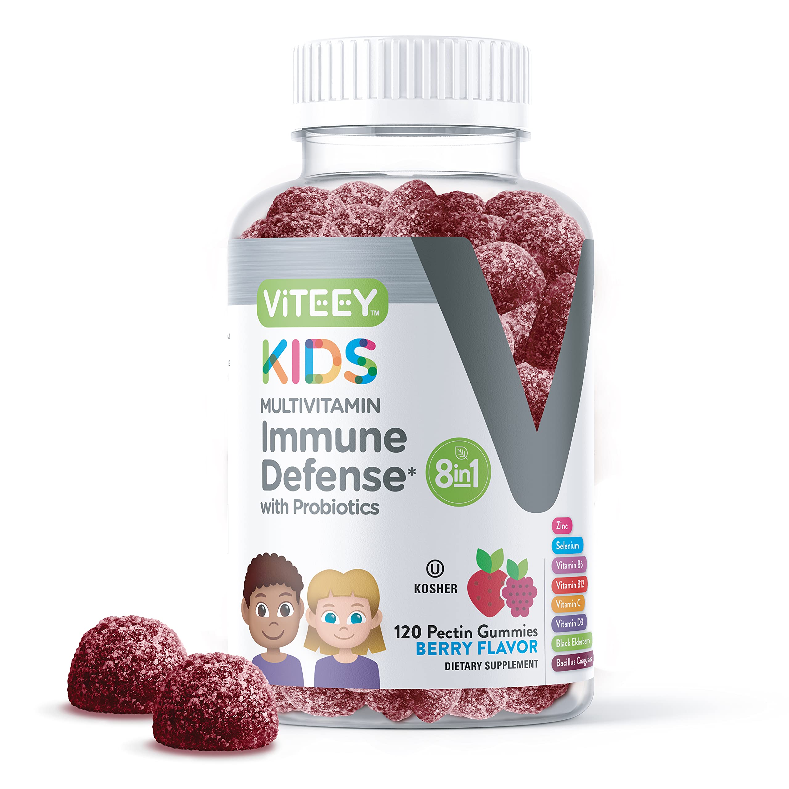 Gommes Immunité 8-en-1 Viteey pour enfants, format agréable et pratique.