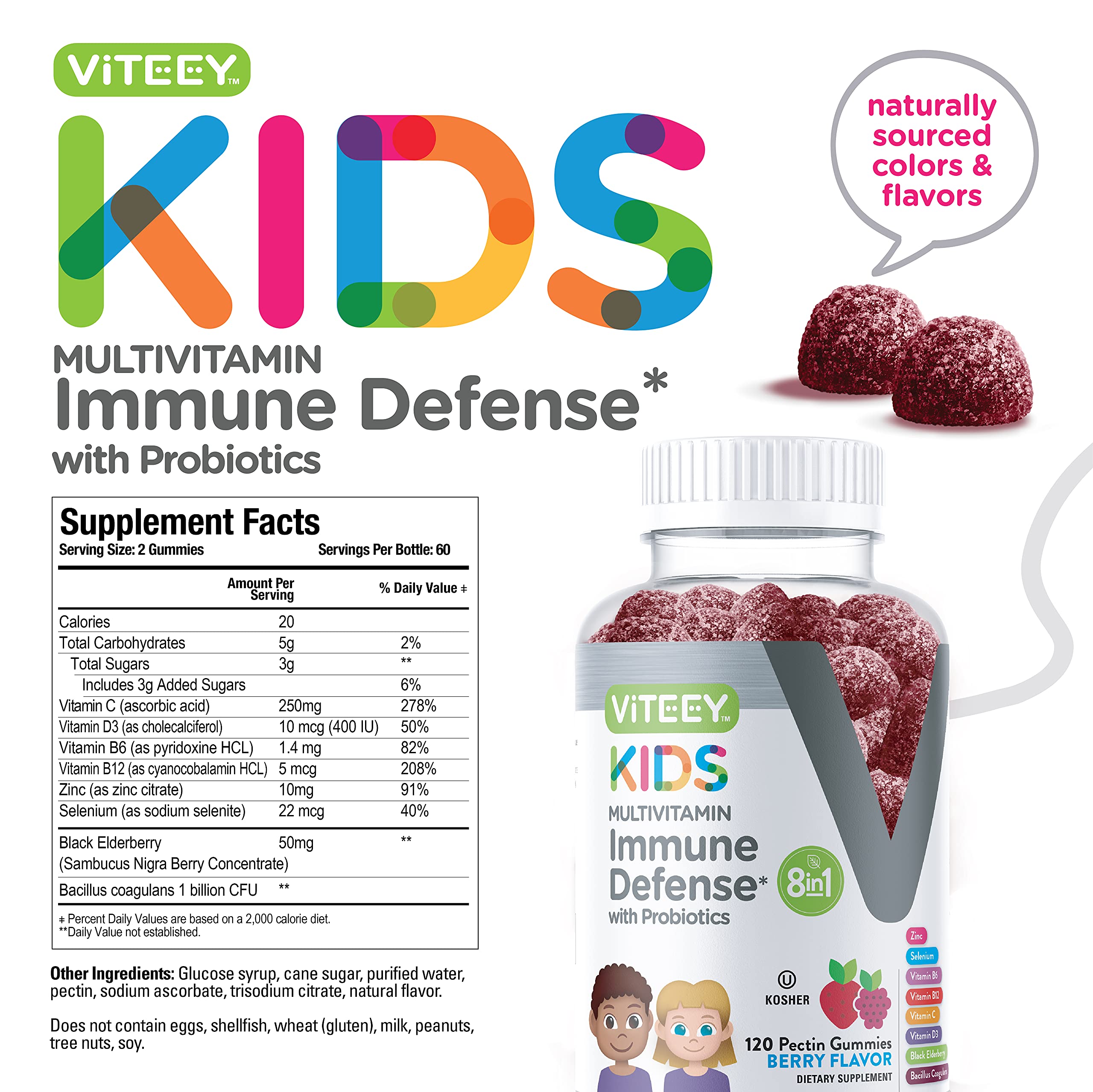 Gommes Viteey soutien immunité enfant, riche en vitamines et probiotiques.