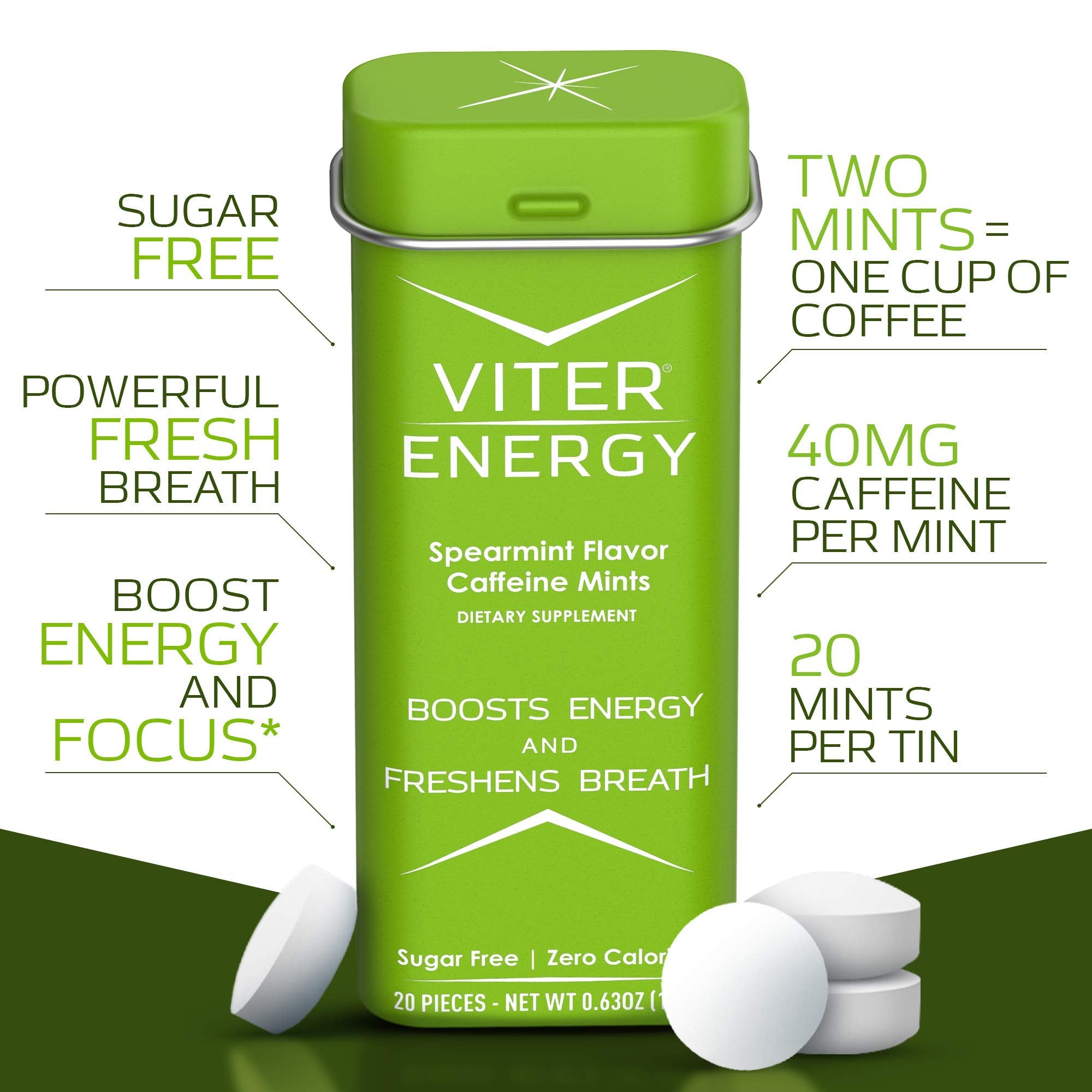 Viter Energy 40 mg Mints – emballage compact, poche pratique pour en déplacement.