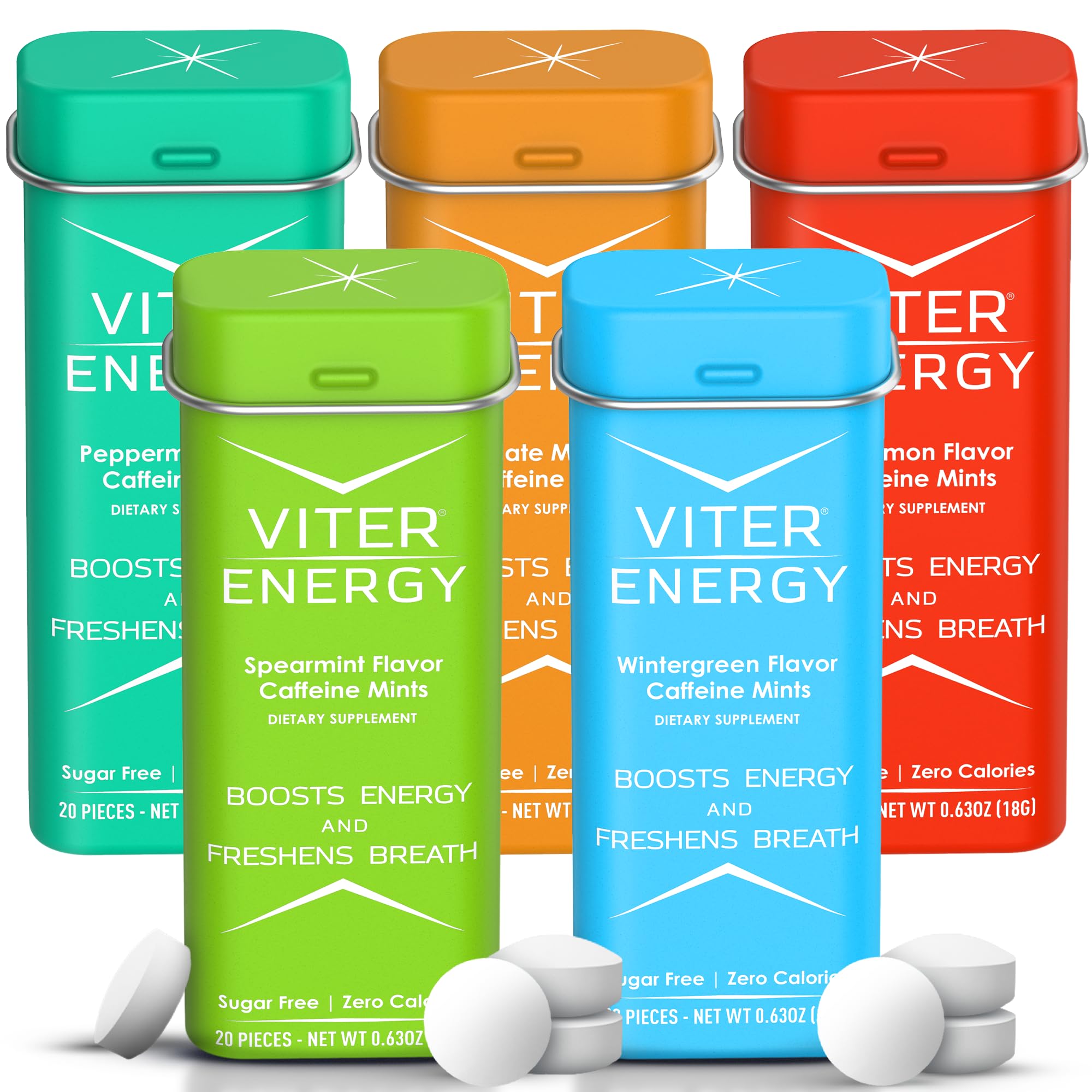 Viter Energy : boîte de pastilles caféinées menthe pour énergie rapide et fraîcheur.