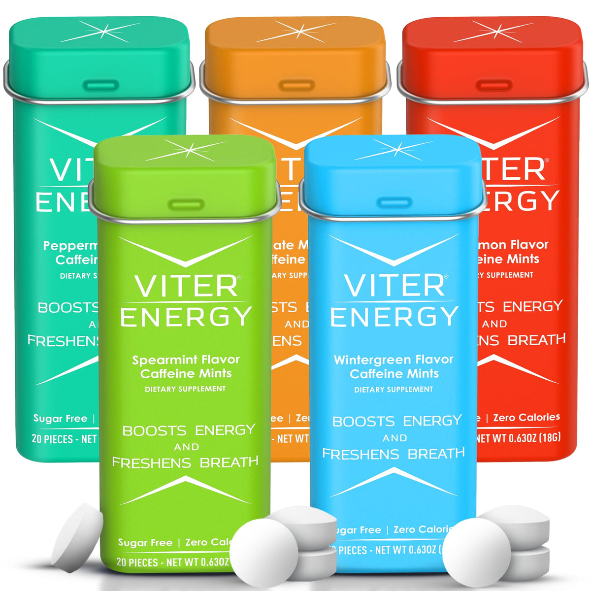 Viter Energy : boîte de pastilles caféinées menthe pour énergie rapide et fraîcheur.