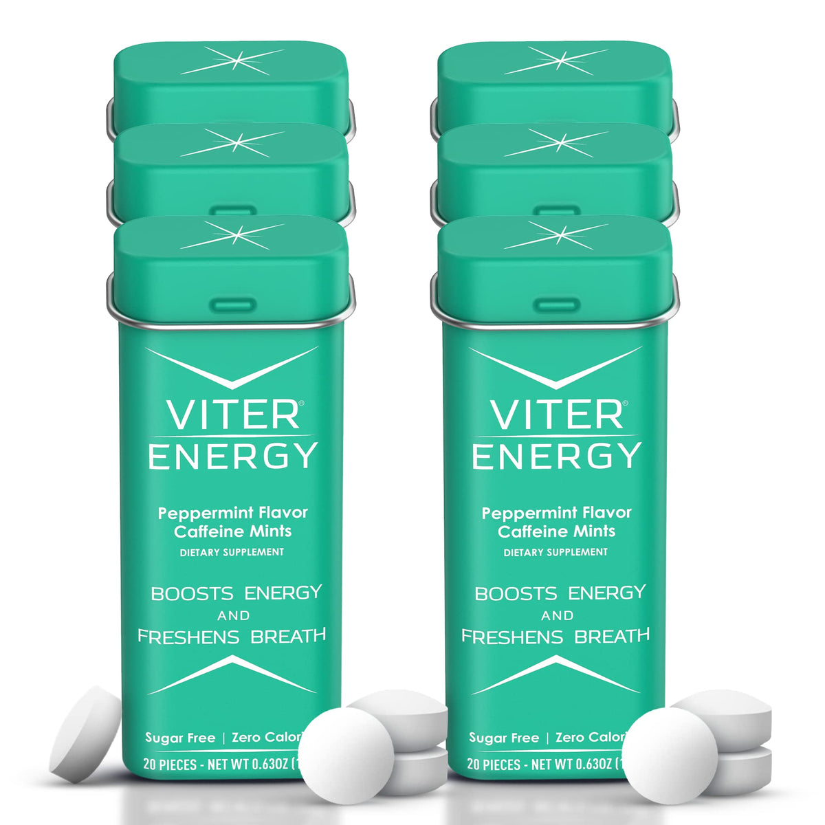 Boîte Viter Energy, pastilles menthe, énergie rapide et pratique en déplacement.