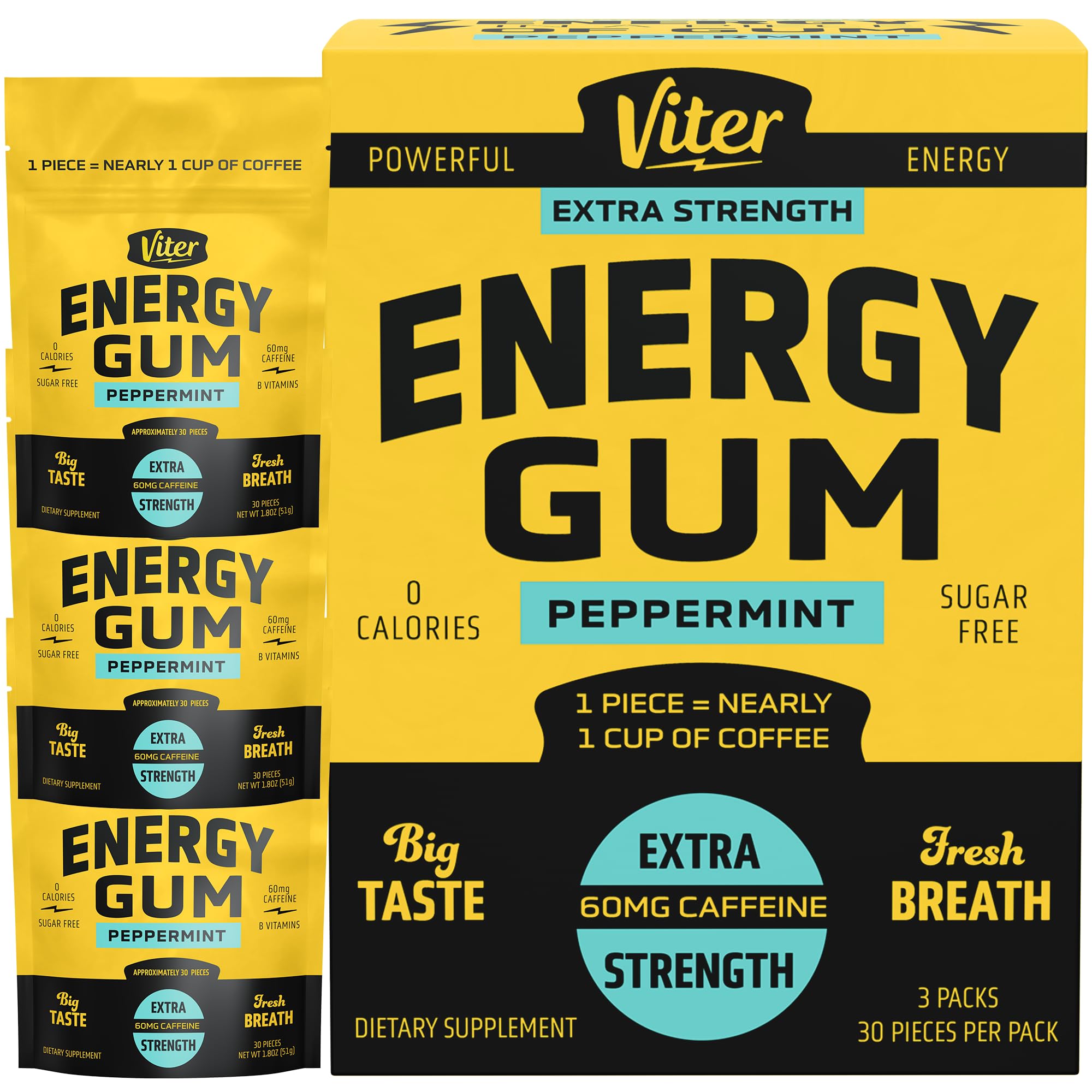 Gomme Viter Energy menthe dans un paquet refermable, énergie rapide en déplacement