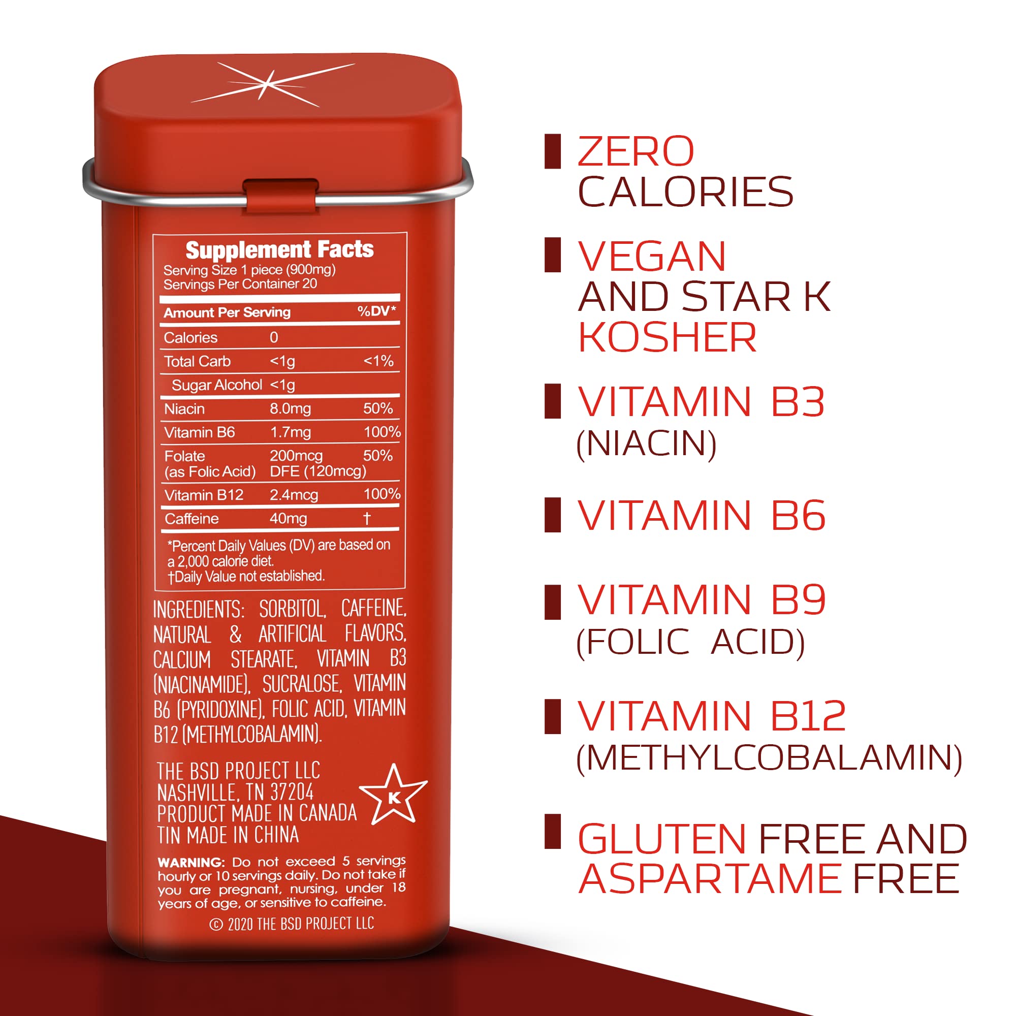 Pastilles Viter Energy Mints 40 mg caféine par menthe, concentration potentielle.