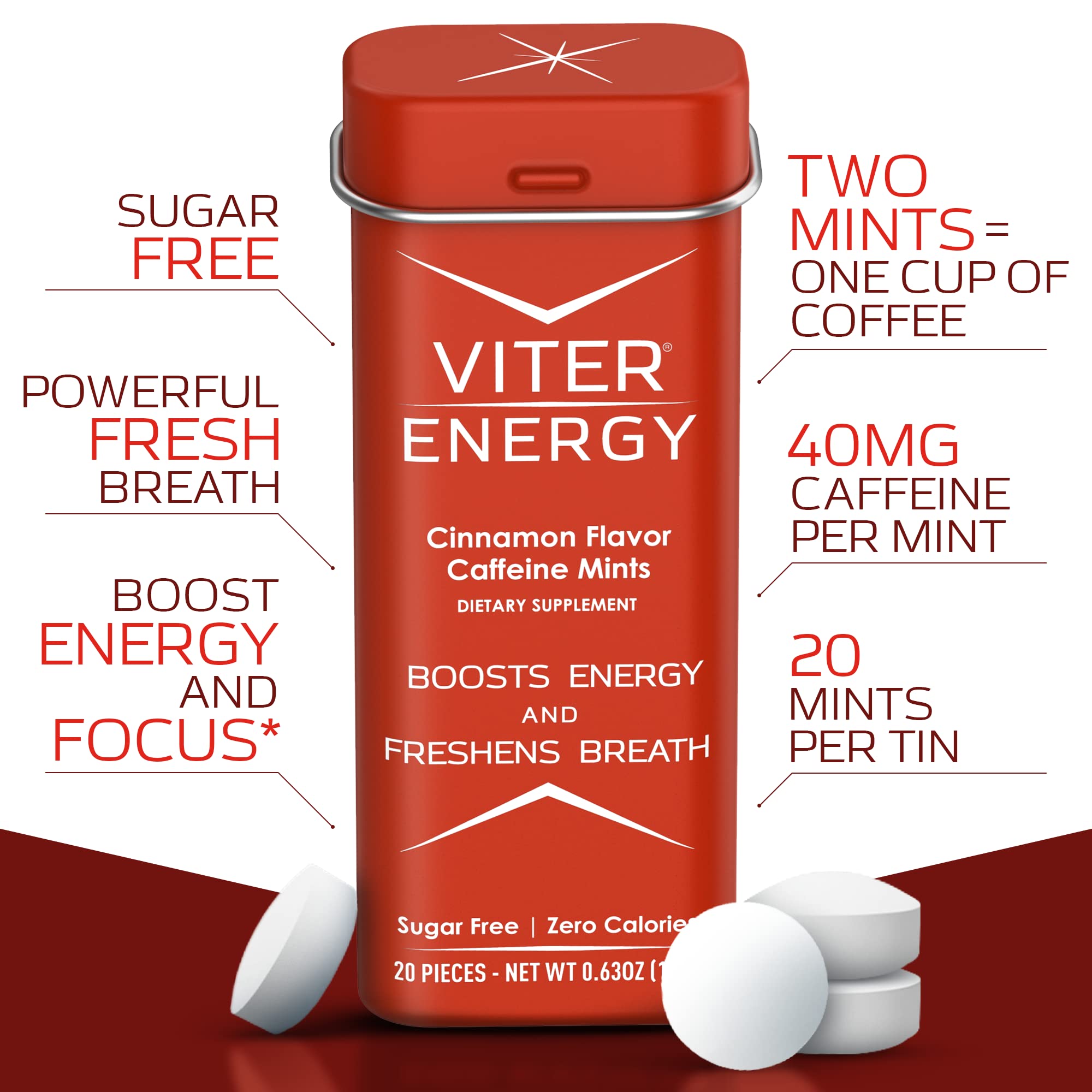 Viter Energy Mints goût cannelle, énergie rapide et haleine fraîche.