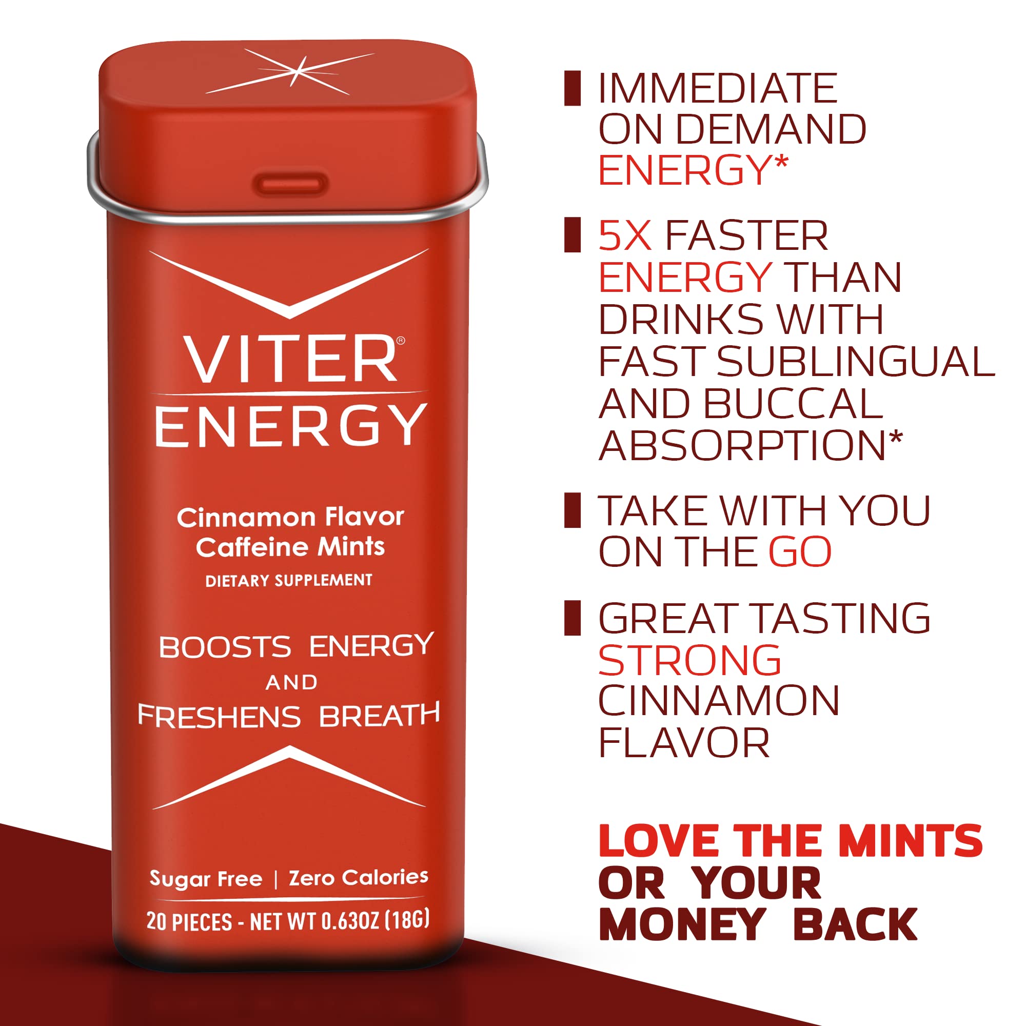 Viter Energy Mints sans sucre, saveur rafraîchissante et zéro calorie.