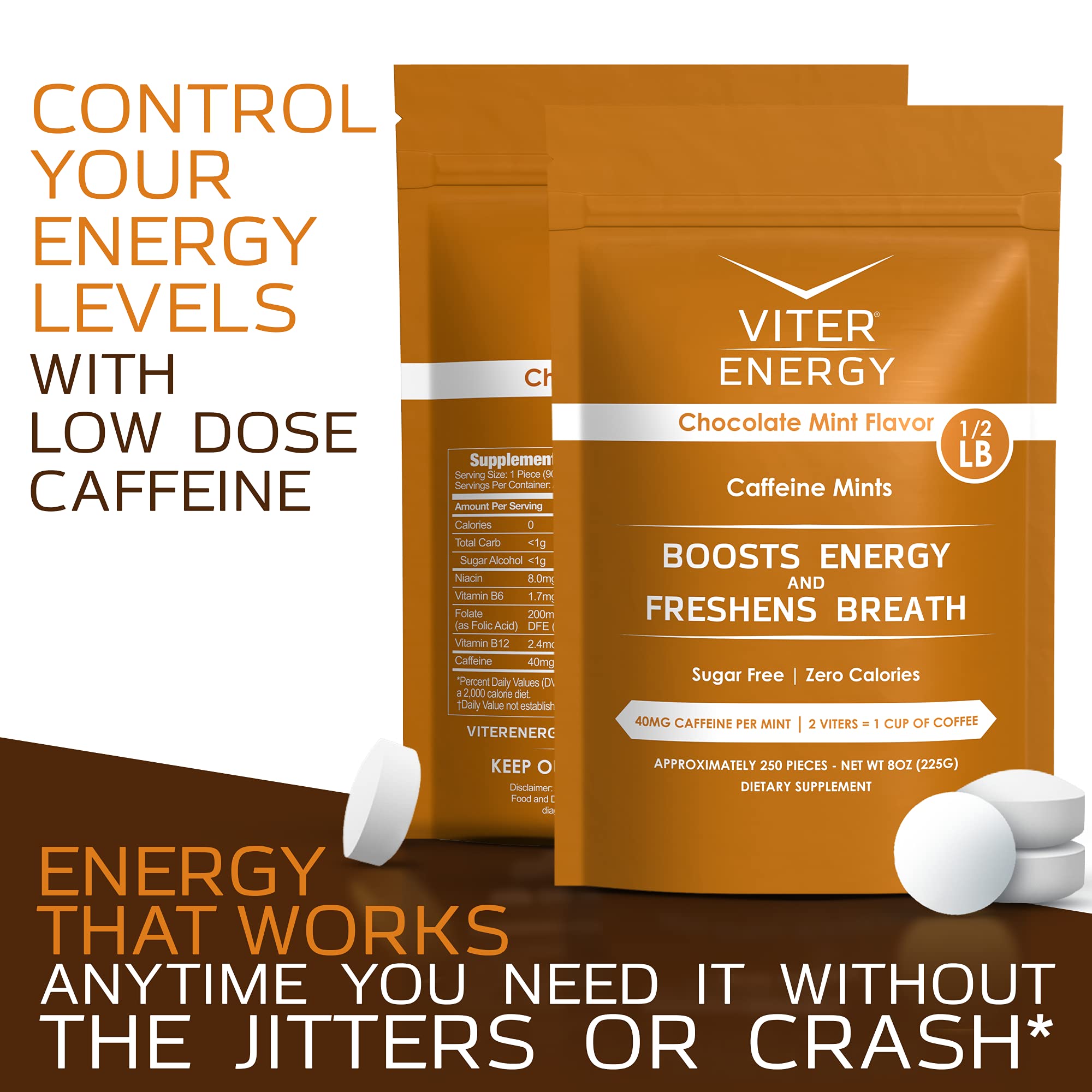 Viter Energy Pastilles caféine 40 mg, ingrédient vitamines B pour vitalité.