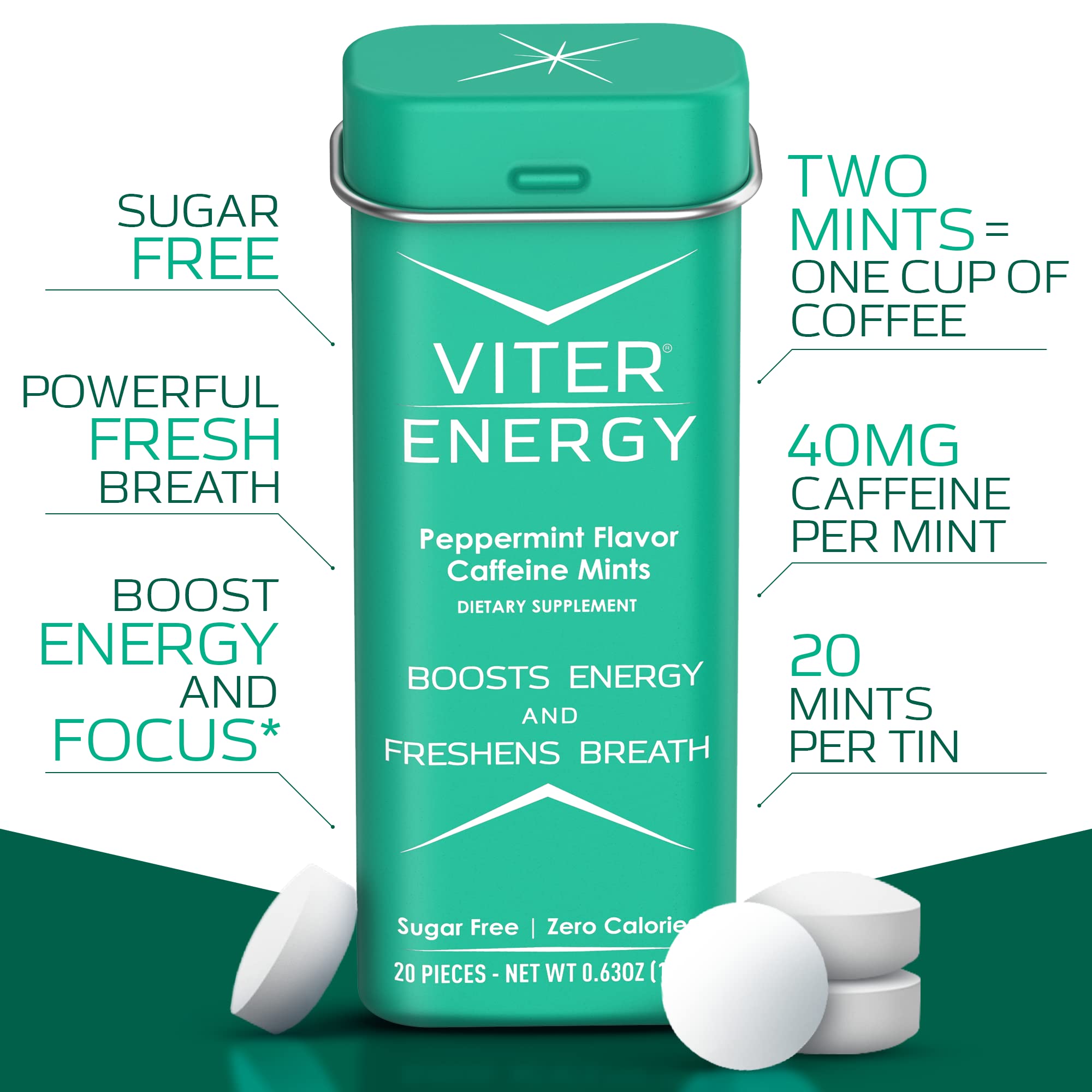 Pastilles Viter Energy, caféine 40 mg, effet rapide pour rester alerte.