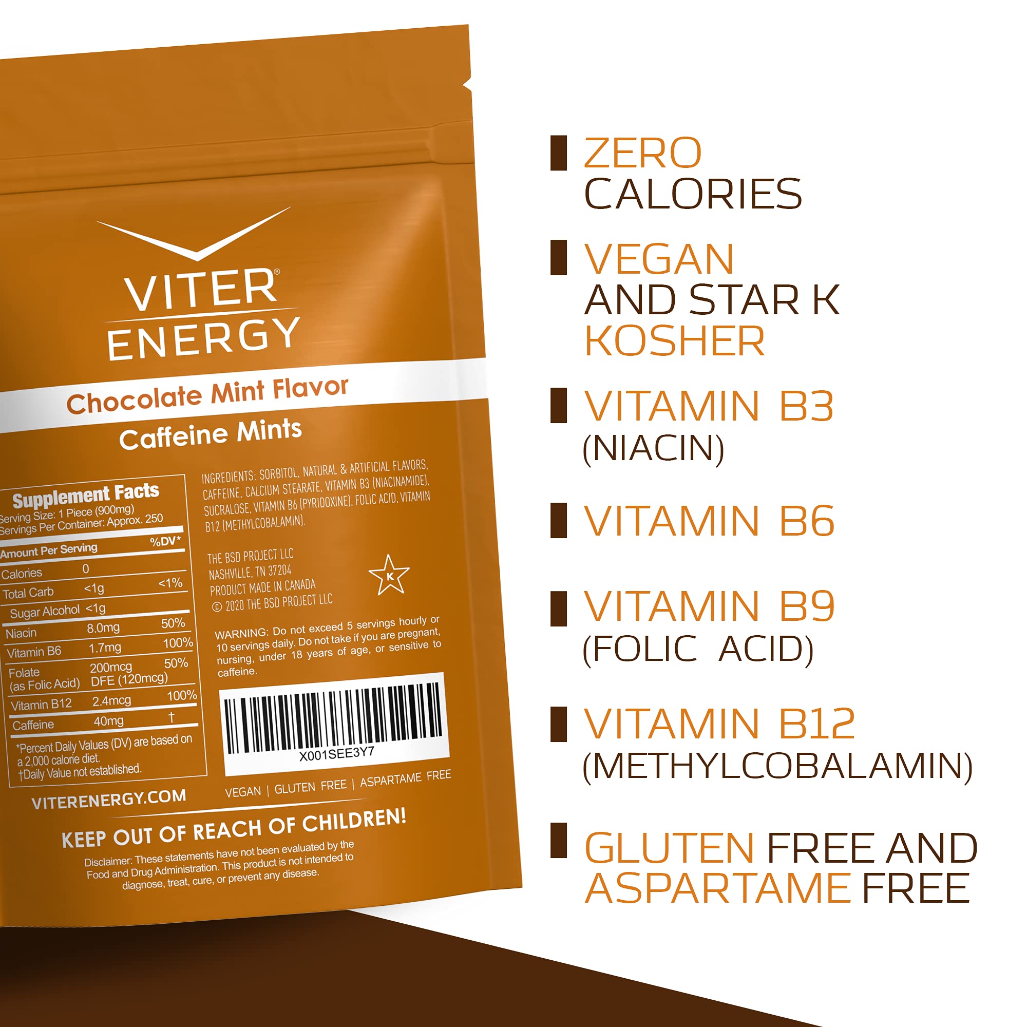 Viter Energy Pastilles caféine 40 mg, pastilles menthe-chocolat, arôme intense.
