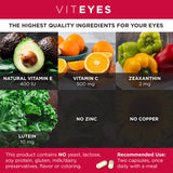 Ingrédients Viteyes AREDS2: vitamine C, E, lutéine et zéaxanthine.
