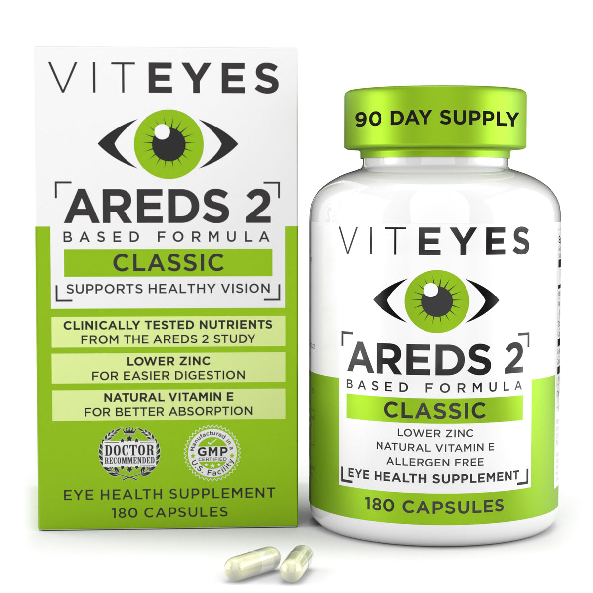 Viteyes Classic AREDS-2 – bouteille montrant l’étiquette, soutien quotidien de la vision.
