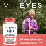 Viteyes Luteine et Astaxanthine – étiquette indiquant les bénéfices pour les yeux et la peau.
