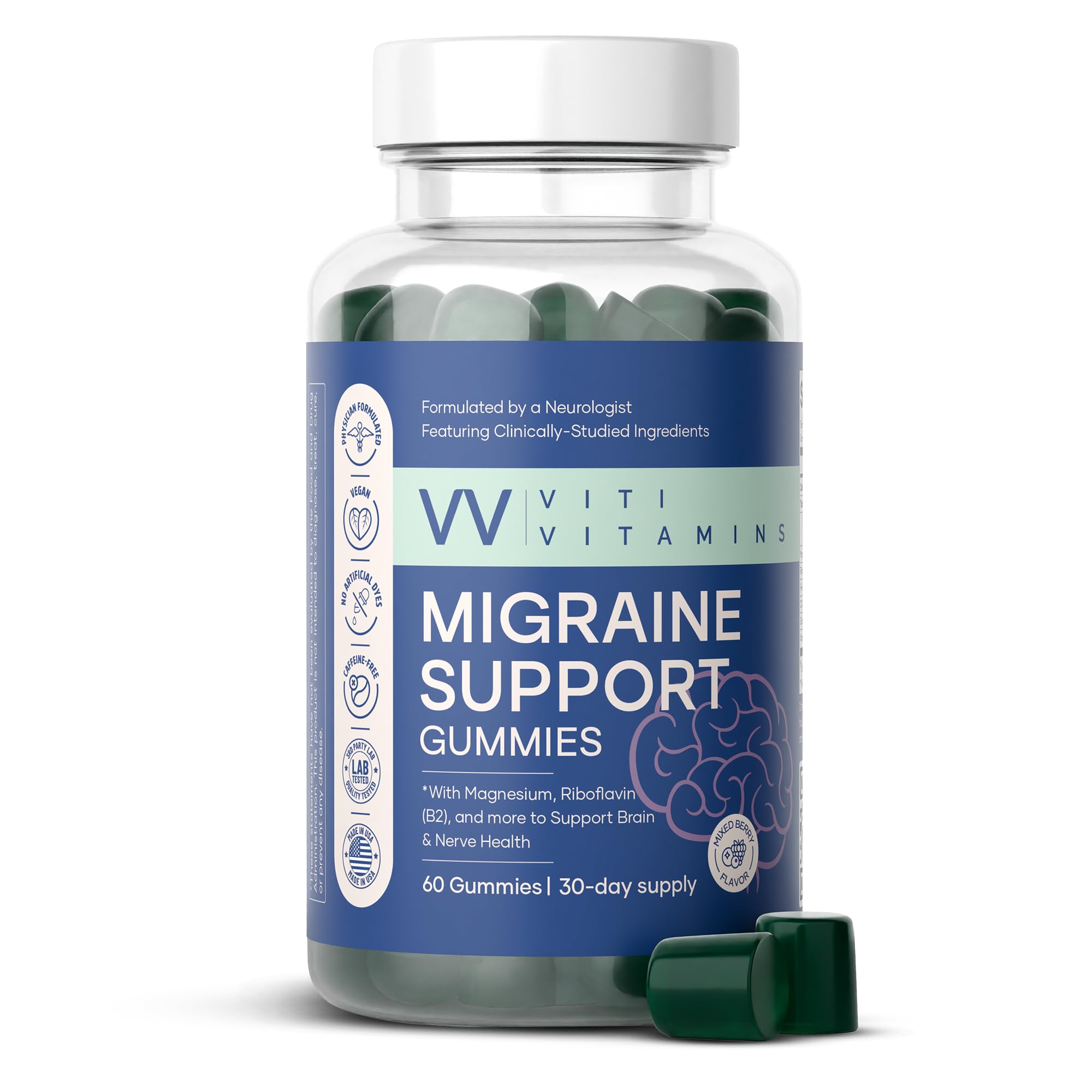 Gomme migraine Viti Vitamins – bouteille prête pour une utilisation quotidienne et pratique.