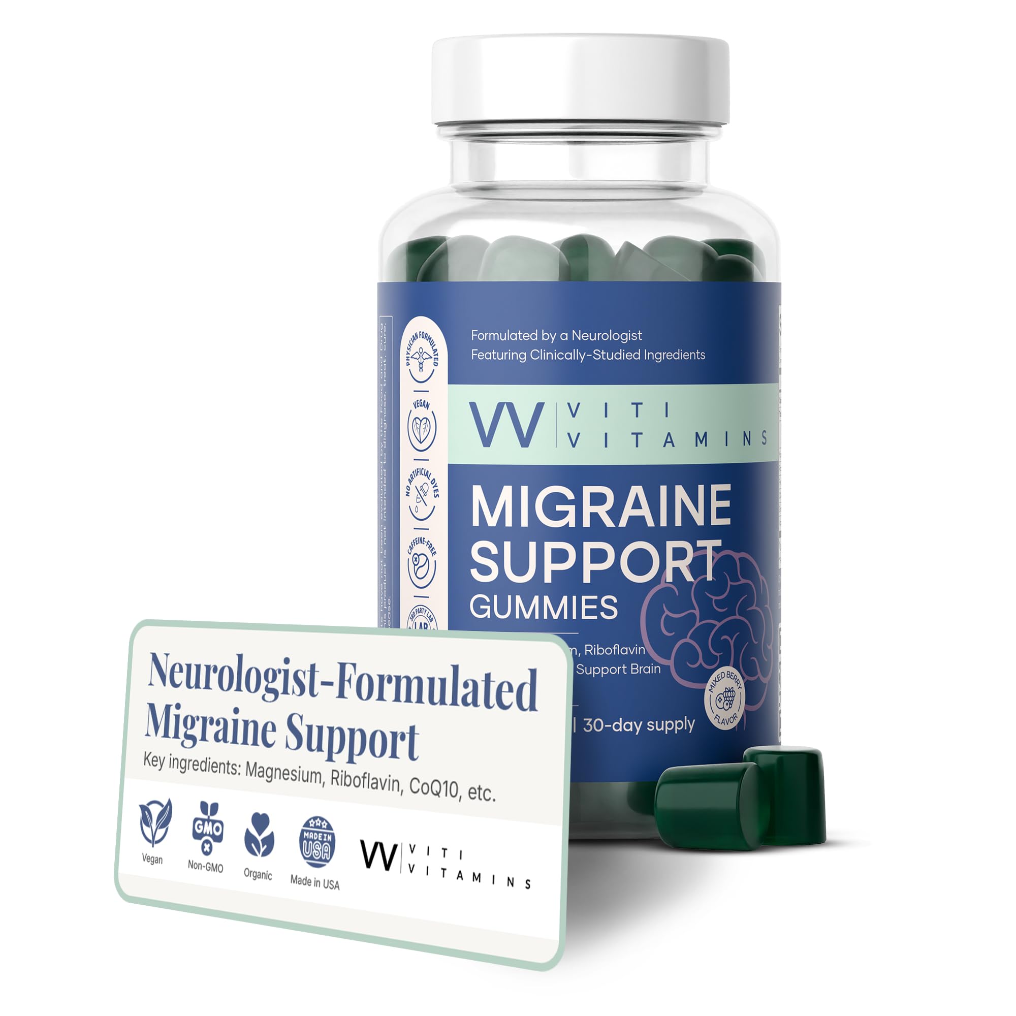 Gomme Migraine Viti Vitamins – flacon pratique et bouchon facile à manipuler.
