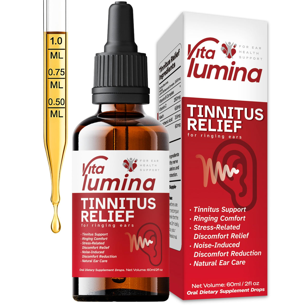 Gouttes VitaLumina montrant la bouteille, soulagement potentiel des acouphènes.