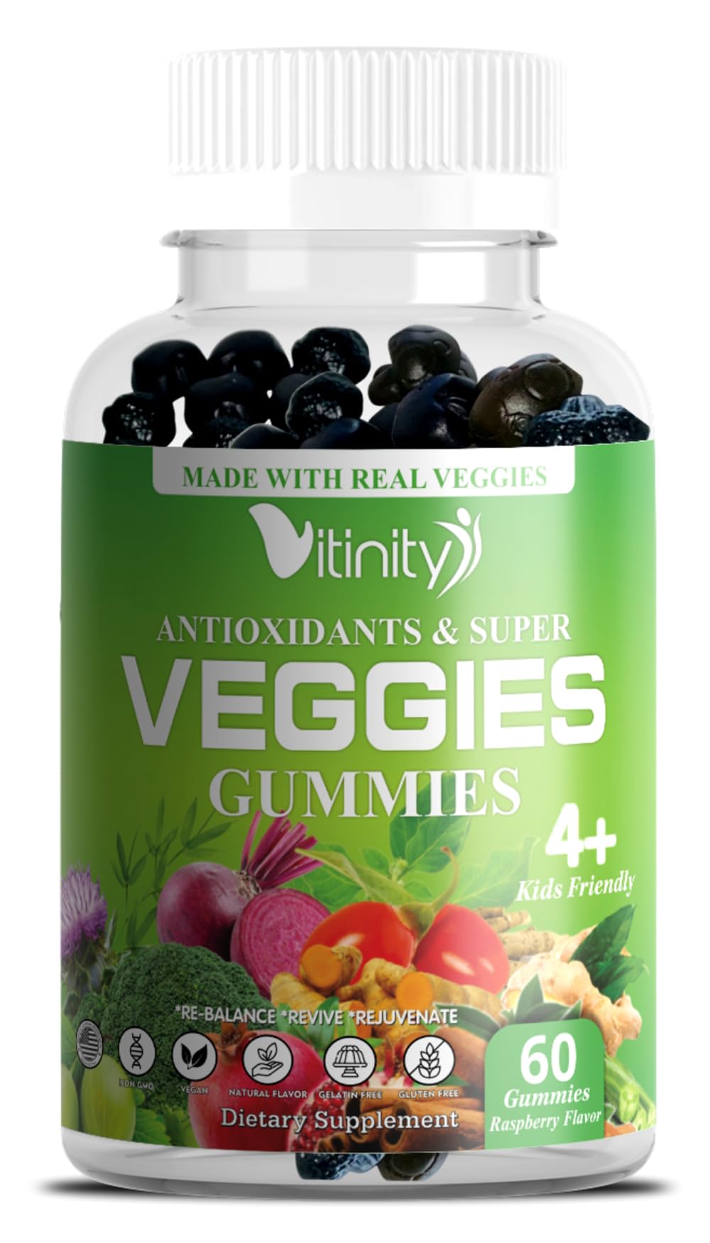 Gommes VITINITY Super Greens dans la bouteille, énergie naturelle au quotidien.