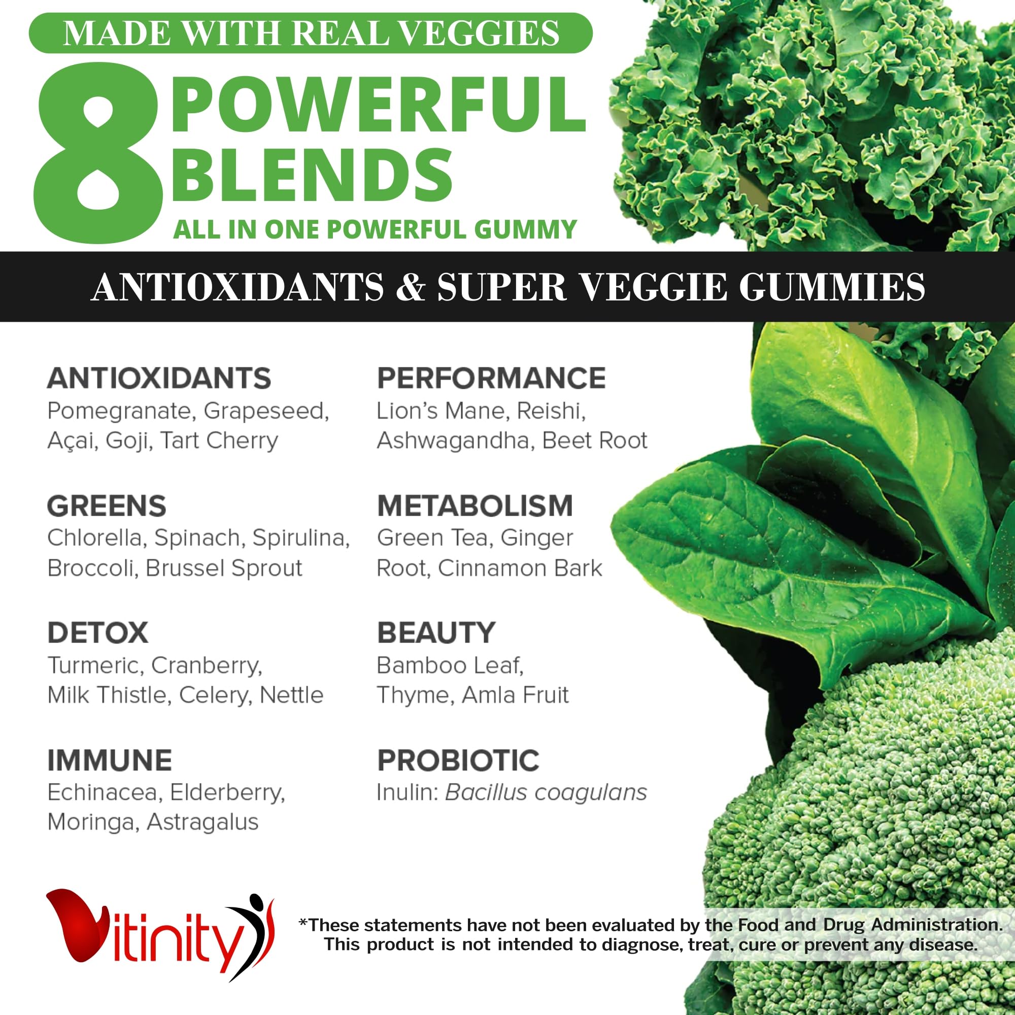 Étiquette et emballage VITINITY Super Greens, informations claires sur les ingrédients.