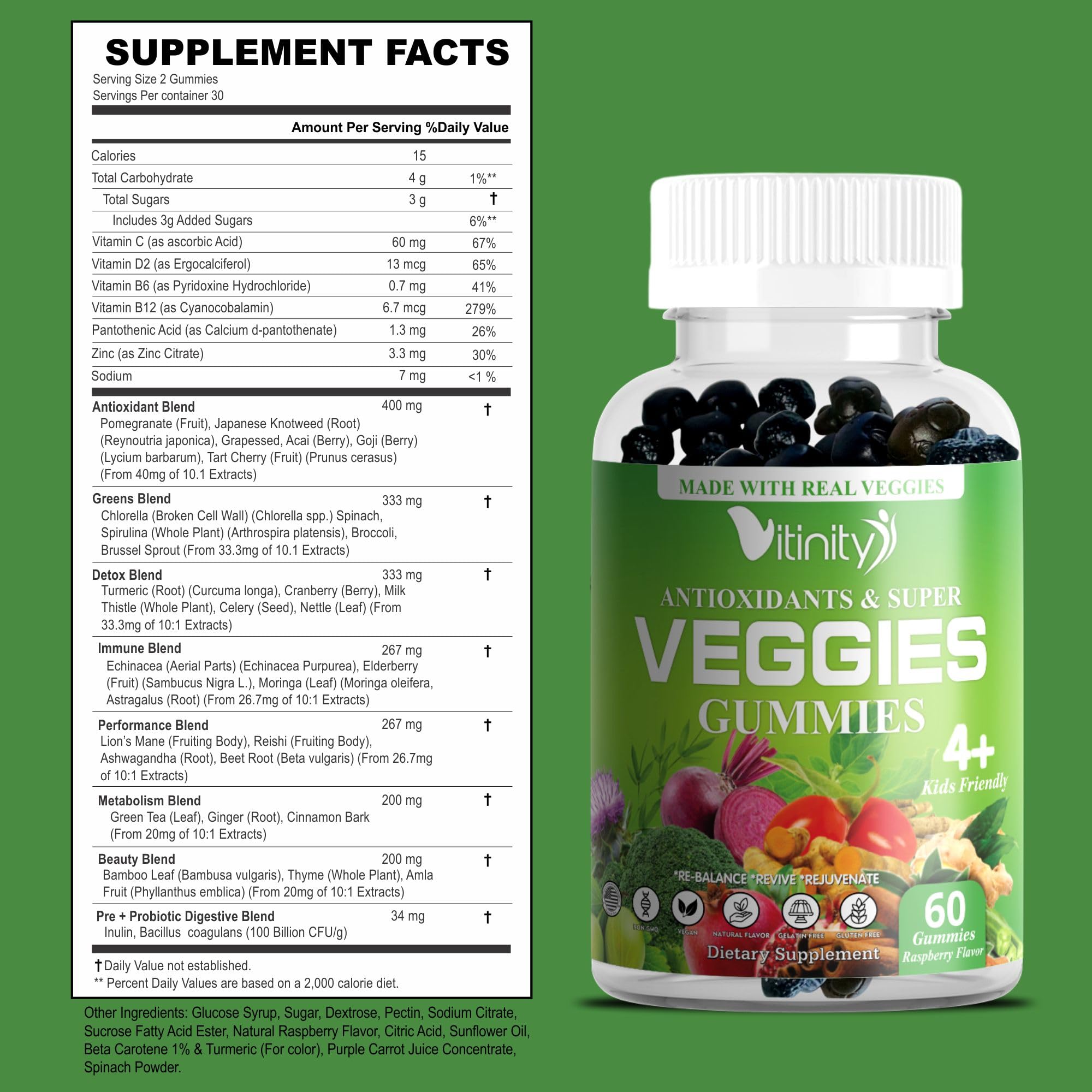 Gommes vertes VITINITY Super Greens prêtes à consommer pour un coup d’énergie sain.