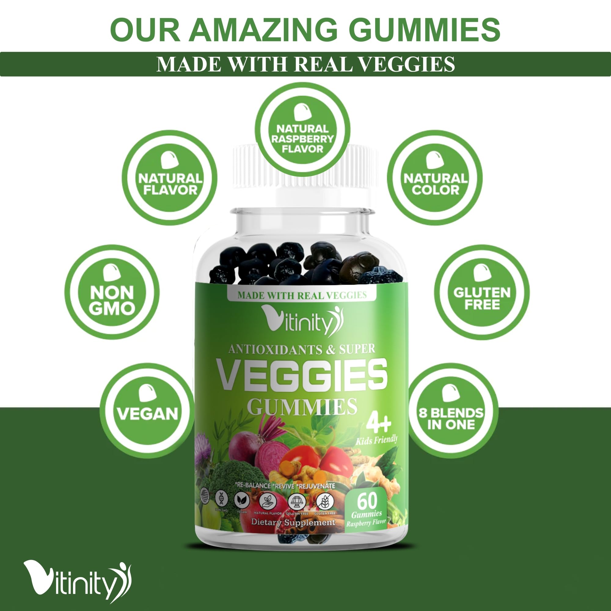 Ingrédients clés VITINITY Super Greens montrant plus de 30 légumes et herbes.