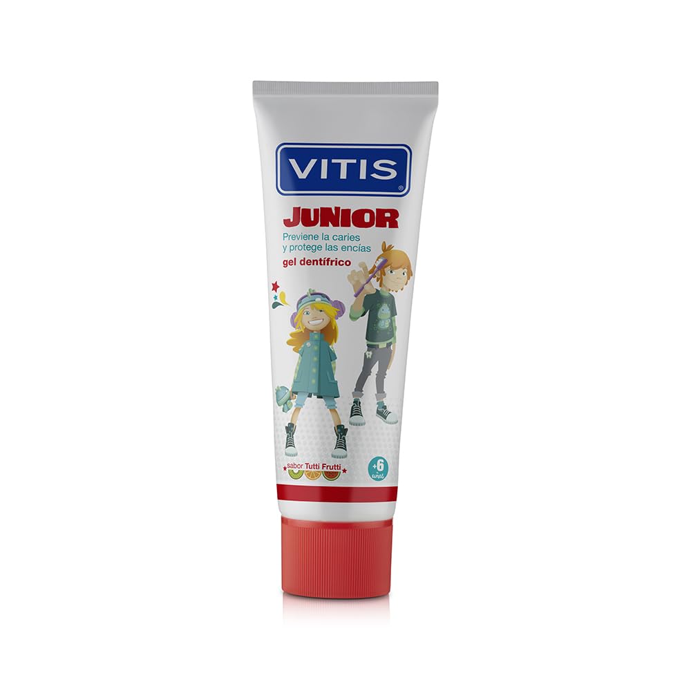 Vitis Junior Tutti Frutti, brosse en action; brossage efficace et plaisir fruité pour les enfants.
