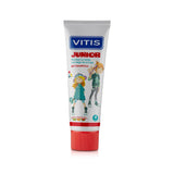 Vitis Junior Tutti Frutti, brosse en action; brossage efficace et plaisir fruité pour les enfants.