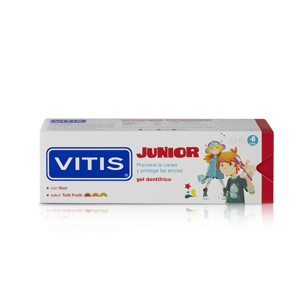 Vitis Junior Tutti Frutti, tube emballage; goût agréable pour encourager le brossage quotidien.