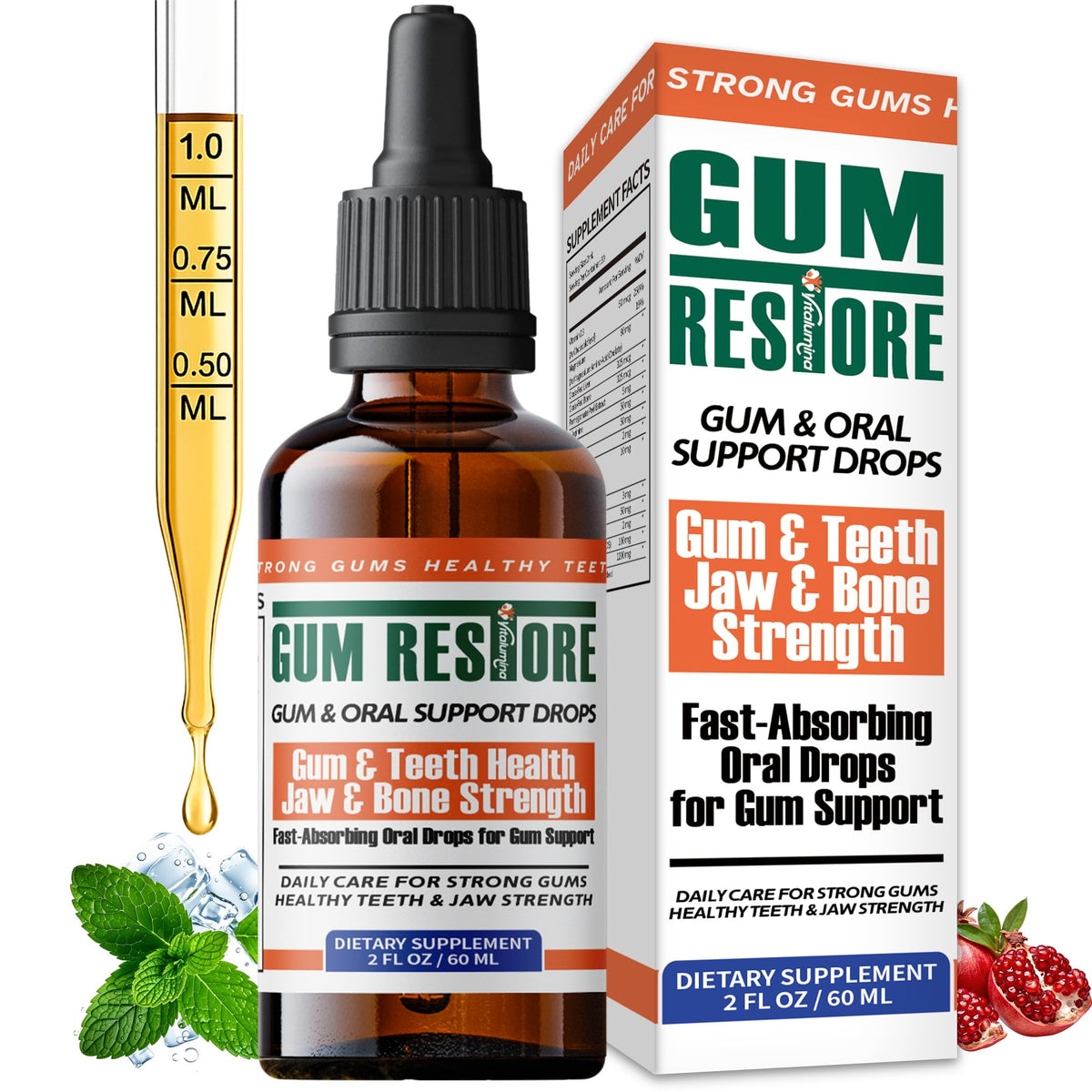 VitaLumina gouttes soin gencives: flacon visible et haleine plus fraîche possible.