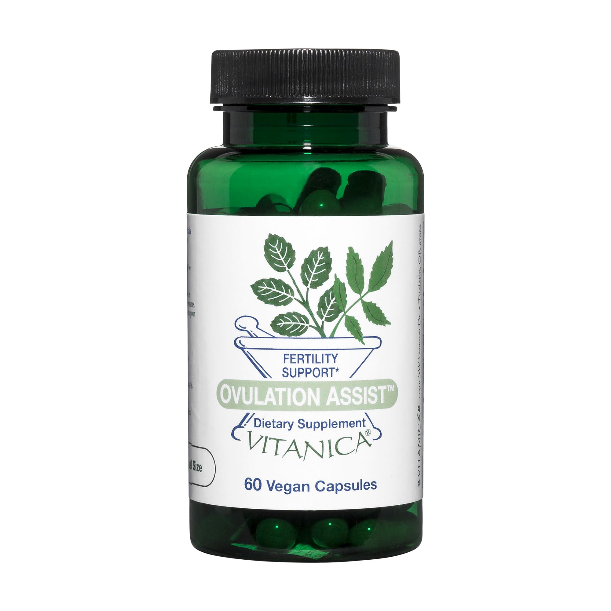 Vitanica Ovulation Assist — bouteille montrant le flacon, soutien potentiel à l'équilibre hormonal féminin.