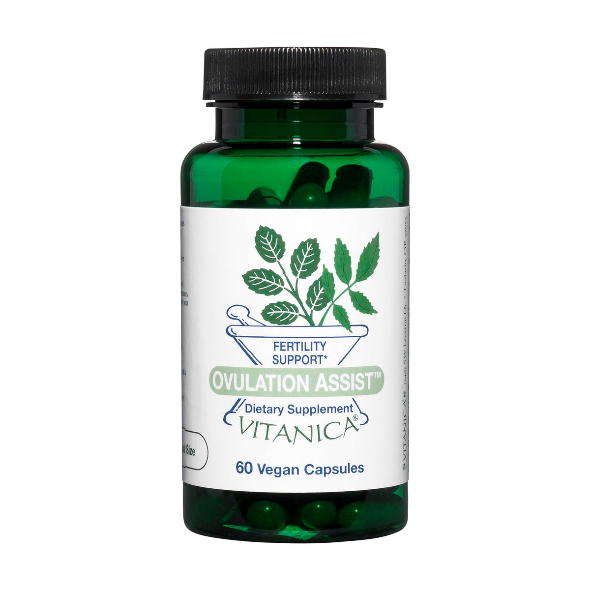 Vitanica Ovulation Assist — bouteille montrant le flacon, soutien potentiel à l'équilibre hormonal féminin.