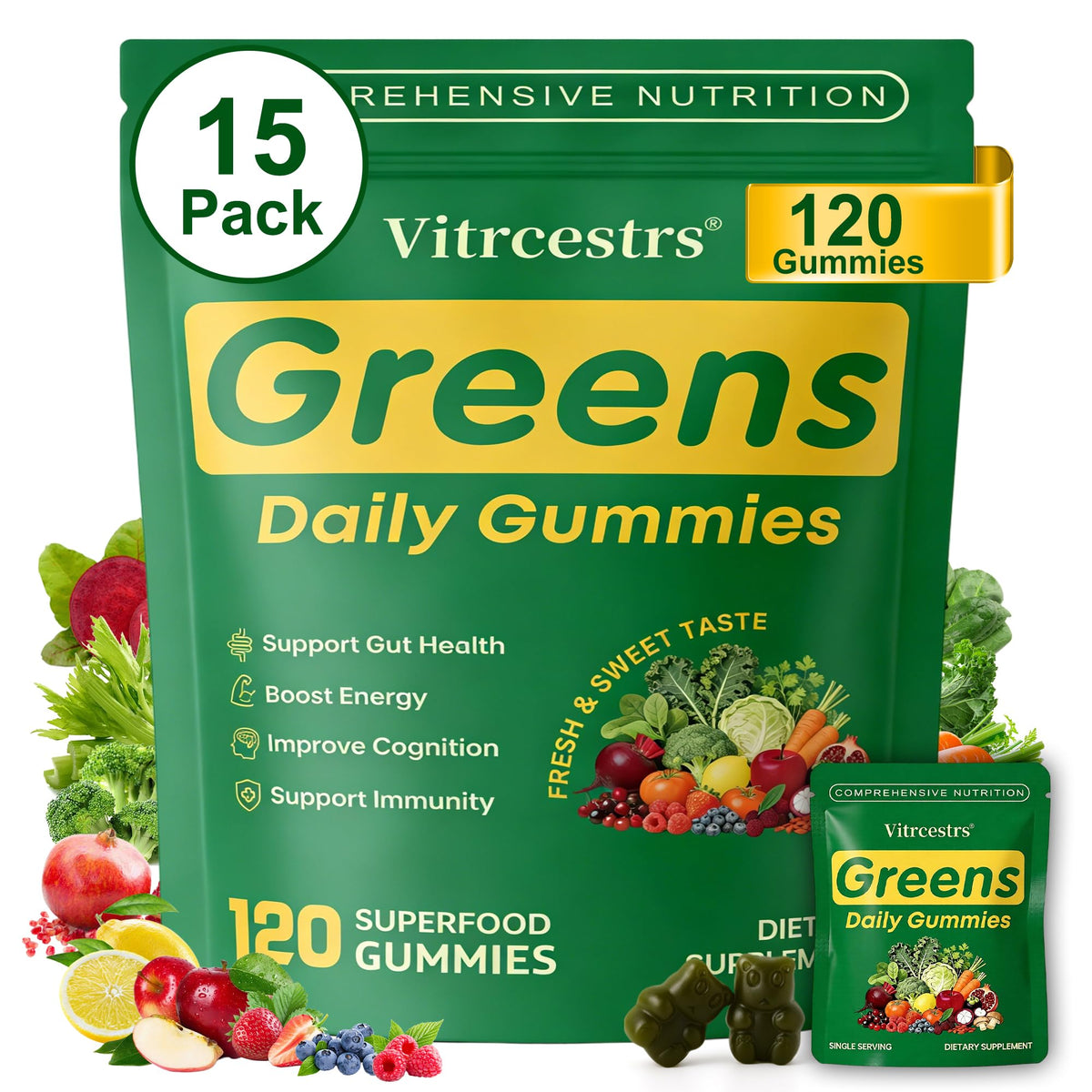 Gummies Greens Daily de Vitrcestrs en bouteille, source pratique de nutriments quotidiens.