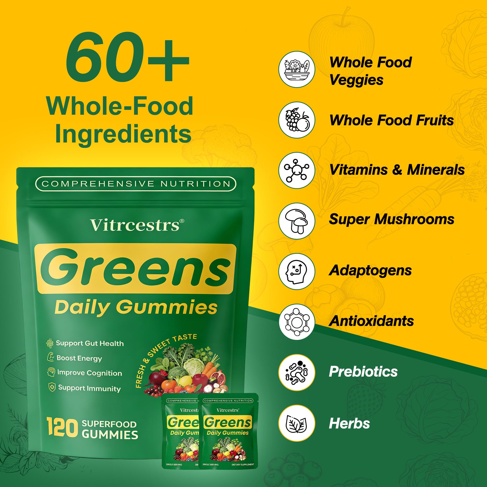 Étiquette Greens Daily Gummies de Vitrcestrs, vue d'ensemble des ingrédients.
