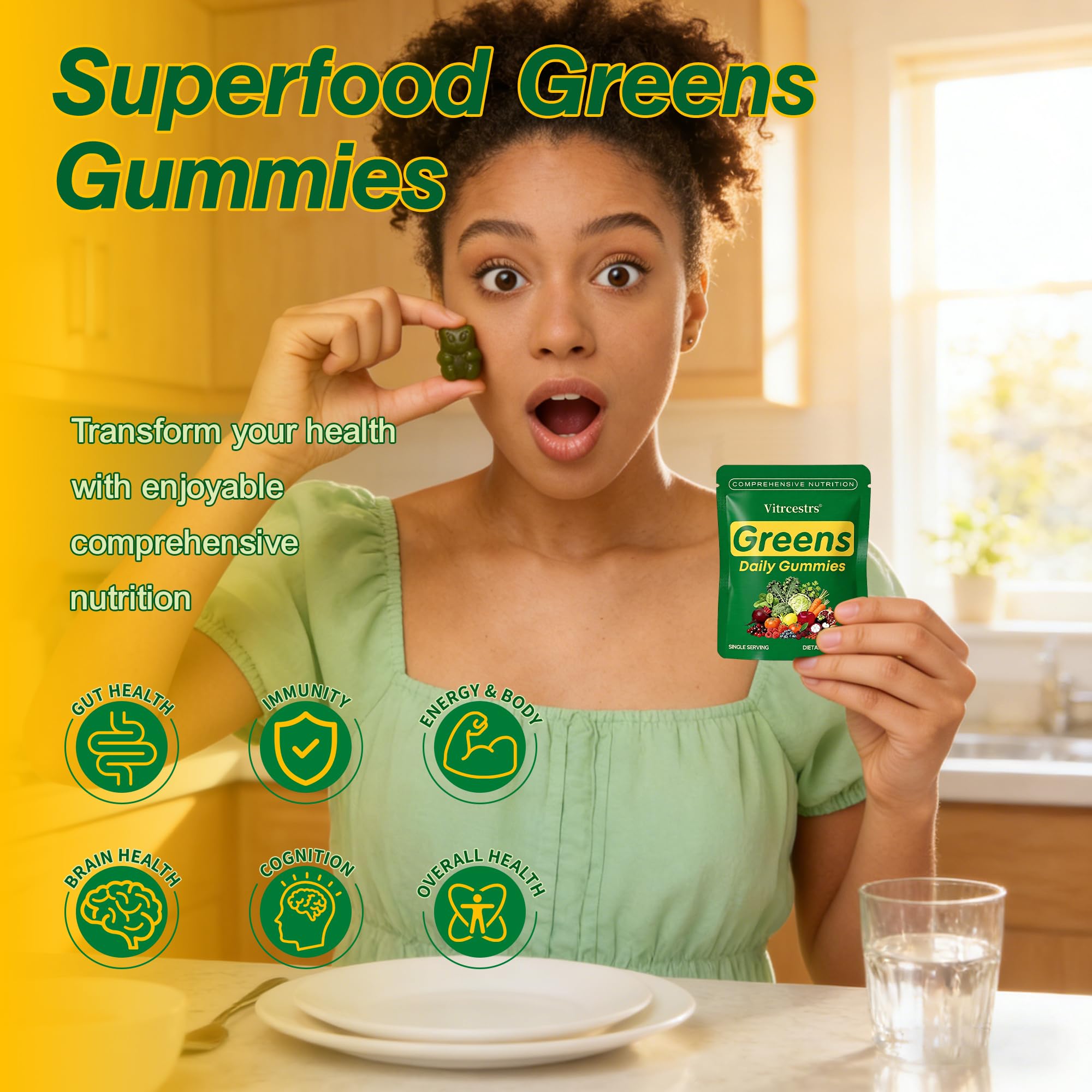 Greens Daily Gummies portable par Vitrcestrs pour énergie pratique en déplacement.