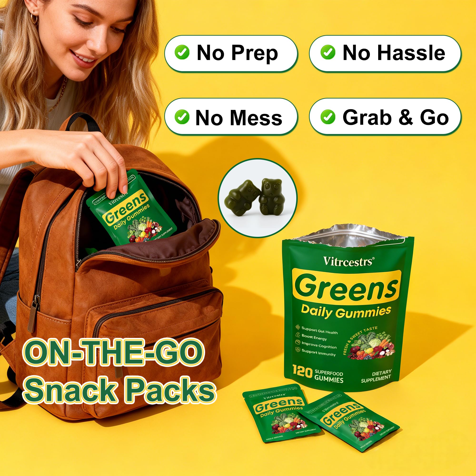 Greens Daily Gummies incluent prébiotiques et fibres pour digestion.