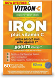 Vitron-C en bouteille avec fer 65 mg et vitamine C 125 mg, soutien potentiel d'énergie.