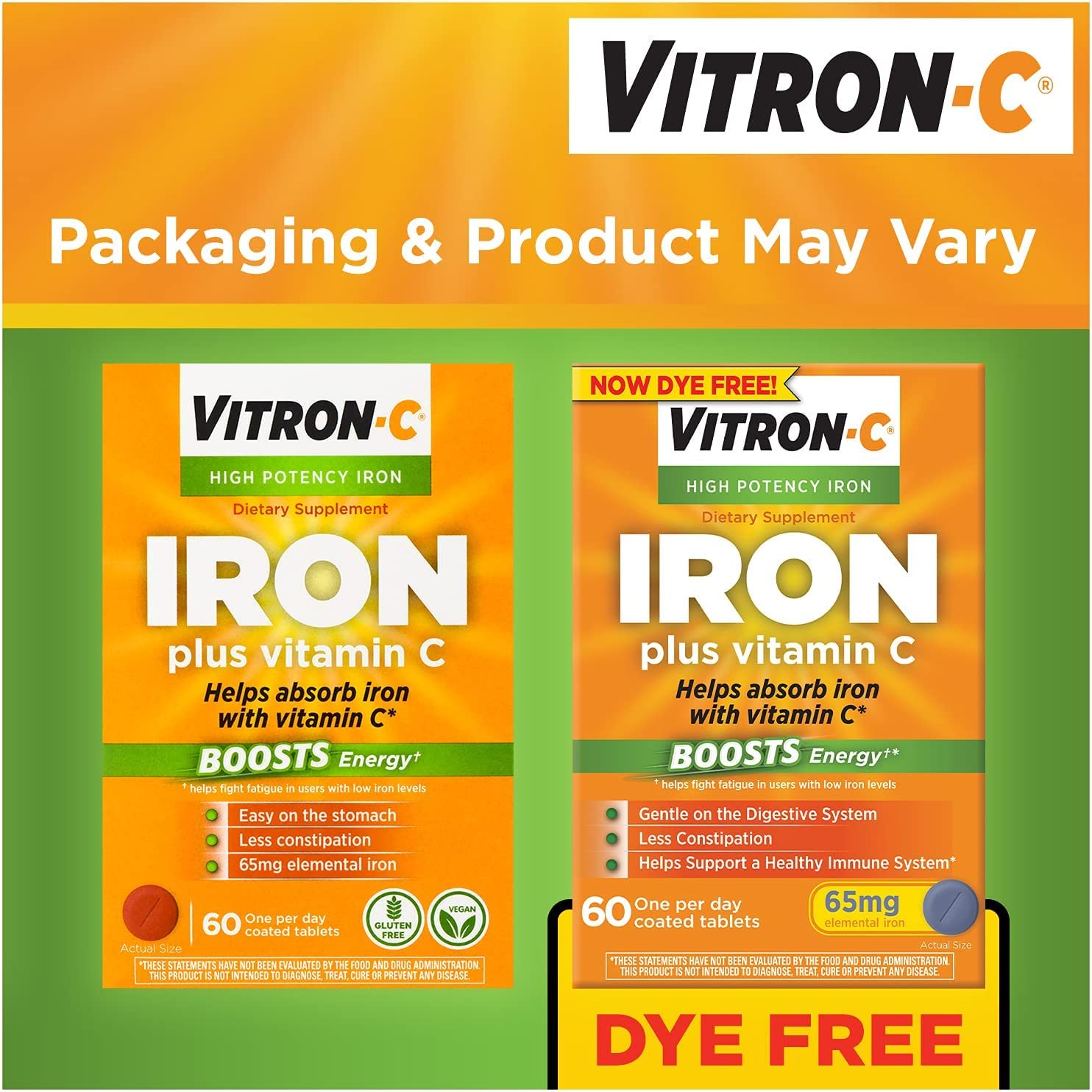 Comprimé Vitron-C, fer 65 mg, dosage quotidien pratique.