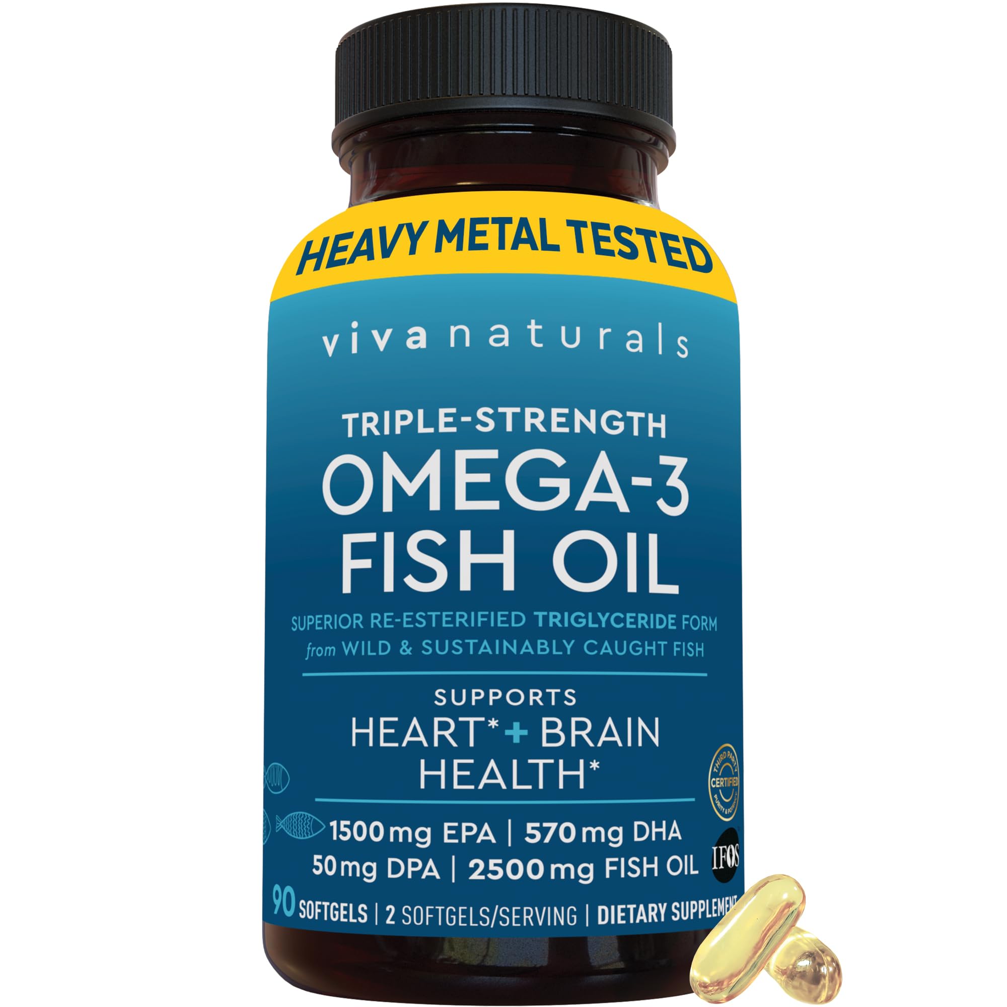 Viva Naturals Omega-3 triple force – flacon et gélules, soutien potentiel au cœur