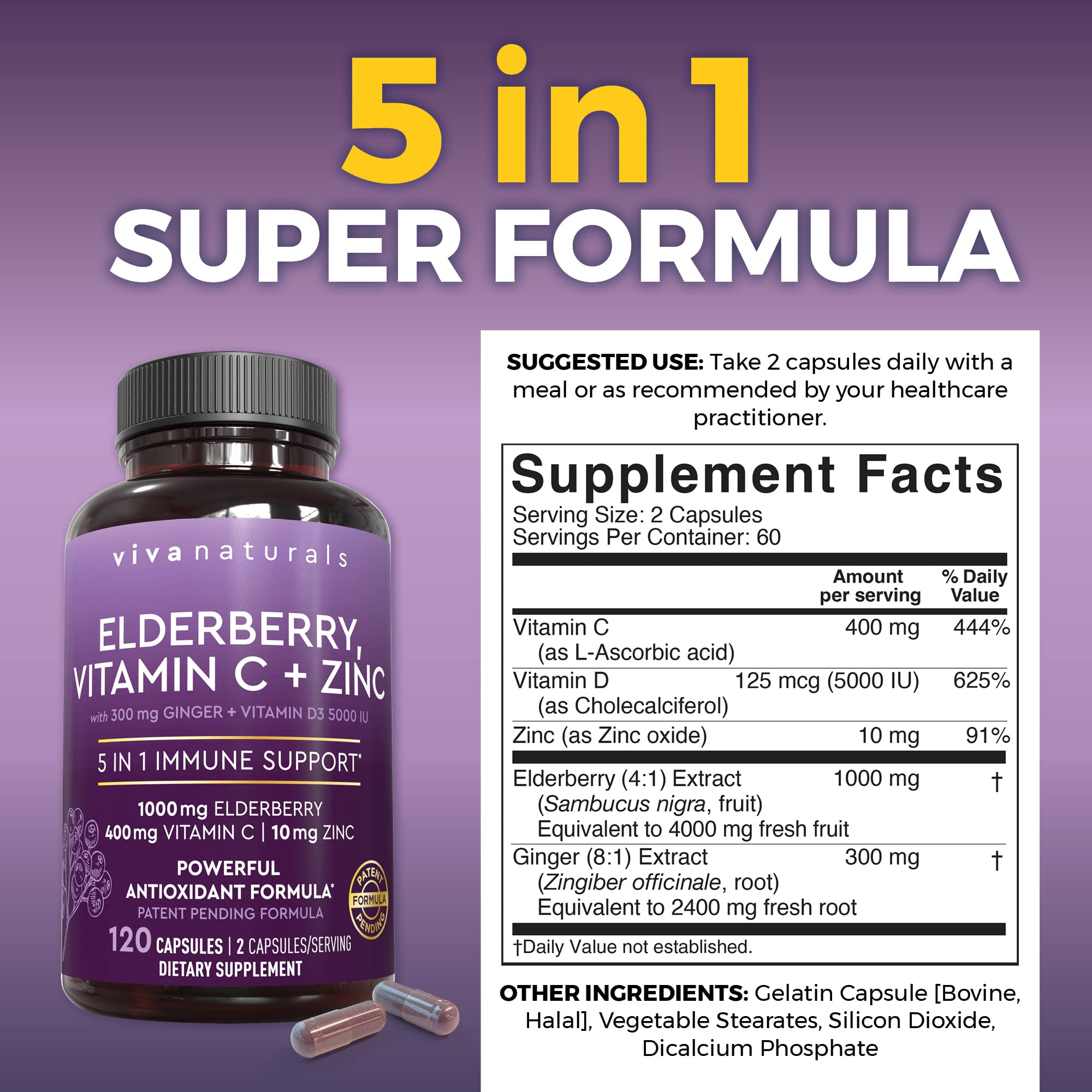 Viva Naturals Sureau Noir – flacon de capsules, usage quotidien facile.