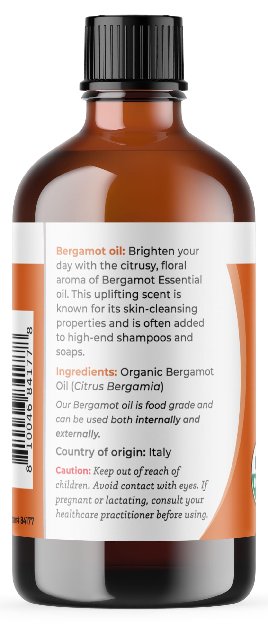 Etiquette certifiée biologique Viva Doria bergamot, huile naturelle et pure.