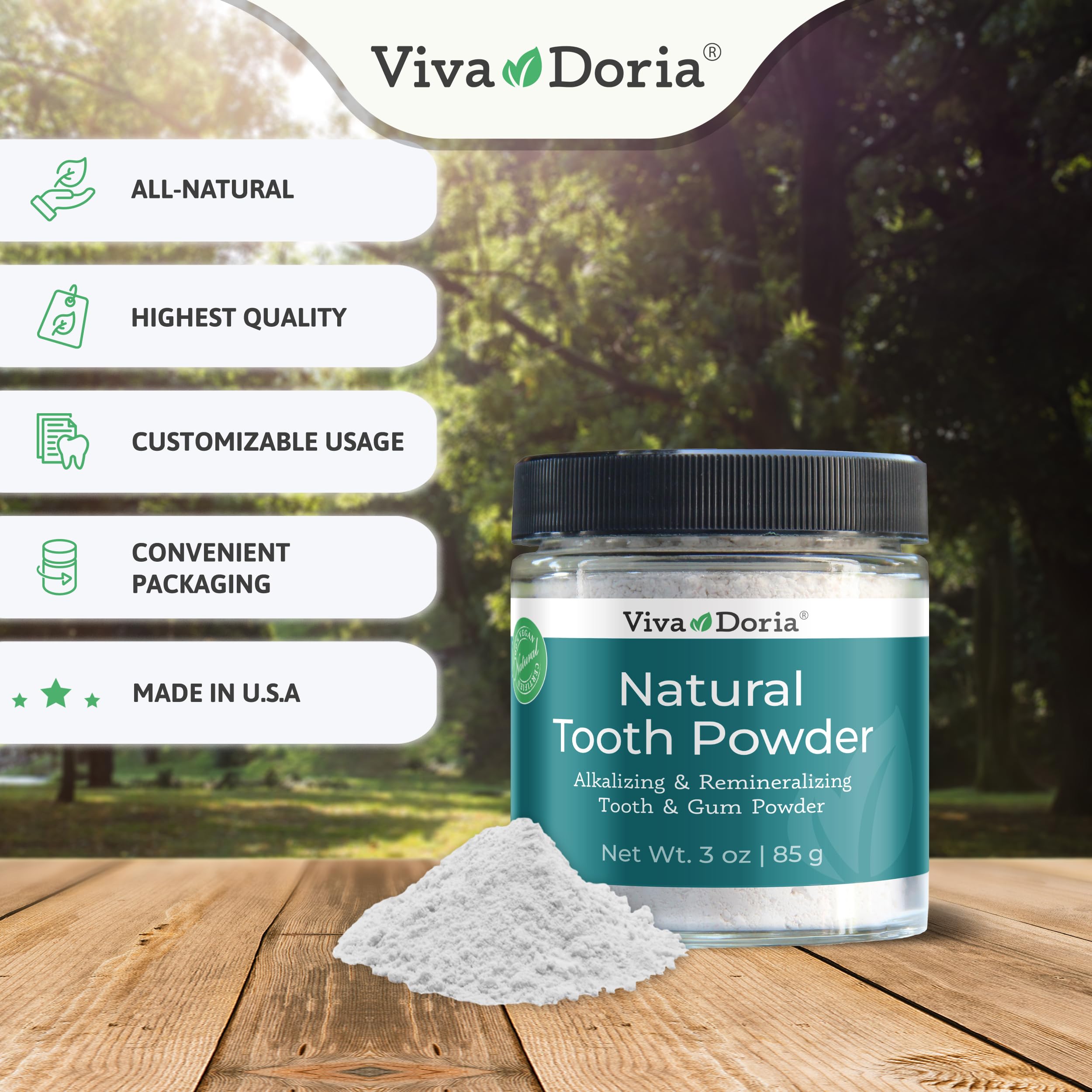 Logo Viva Doria et poudre dentaire promouvant la réminéralisation potentielle.