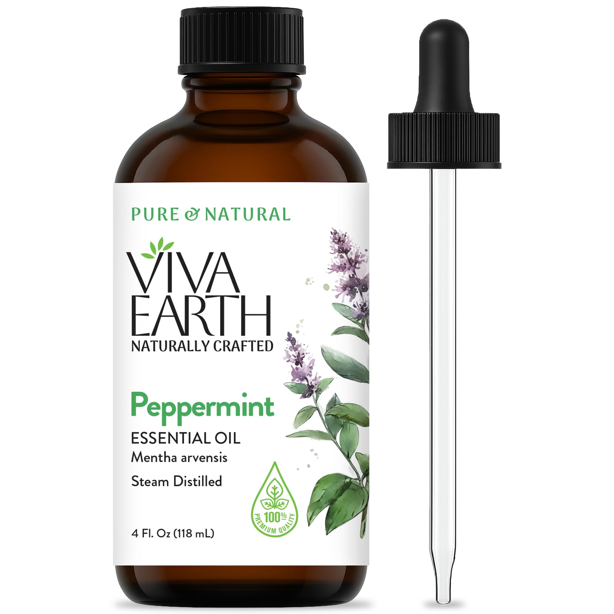 Huile essentielle Viva Earth menthe poivrée, flacon pipette pratique pour dosages.