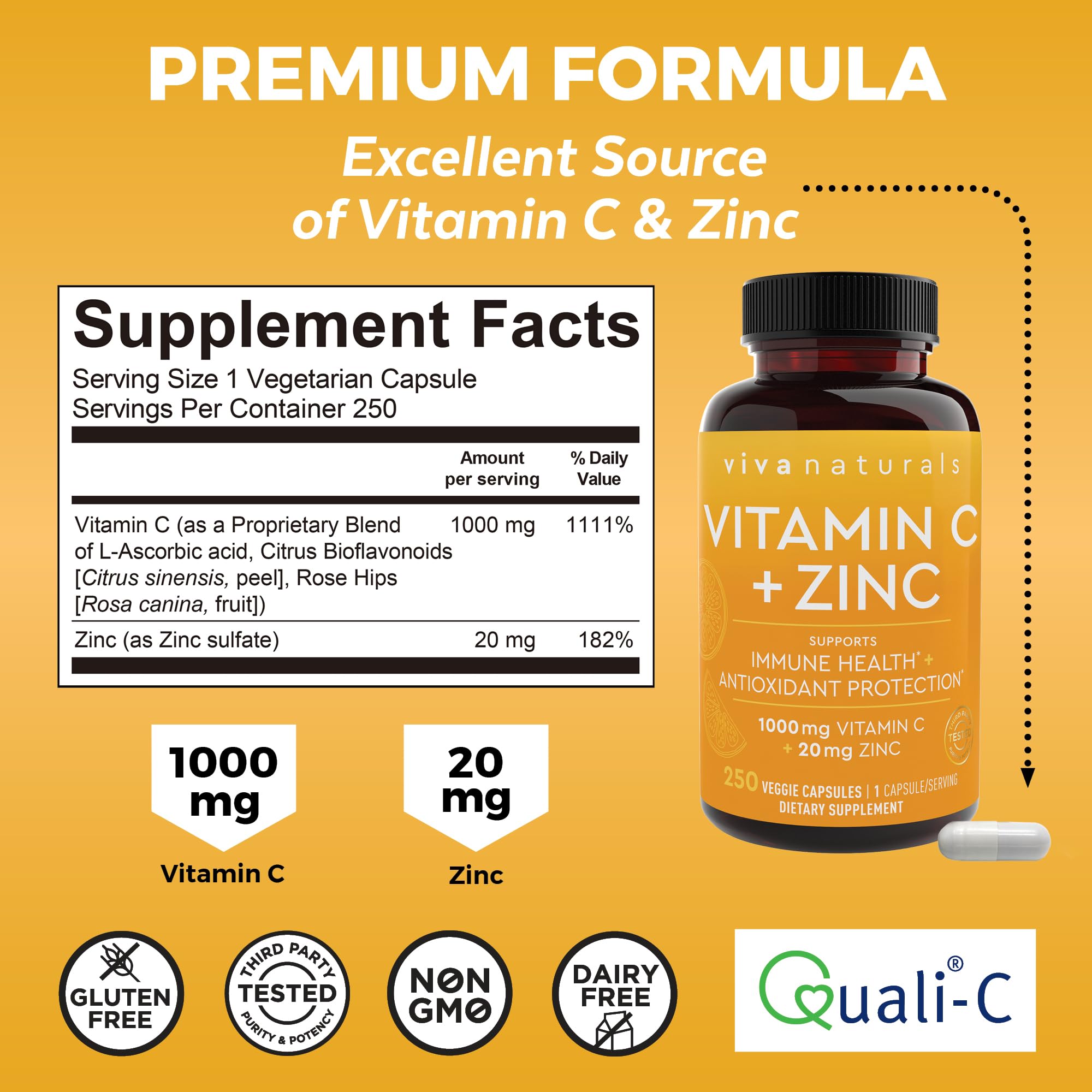 Gélules Viva Naturals 1000 mg C et 20 mg Zinc, dosage quotidien pour soutien immunitaire potentiel.