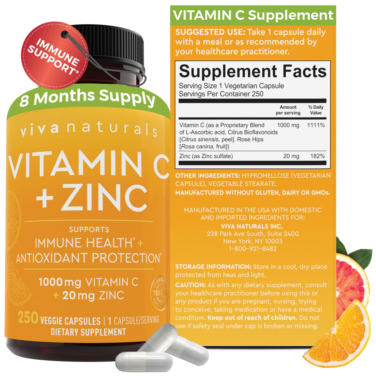 Viva Naturals Vitamine C et Zinc – bouteille prête à soutenir l'immunité.