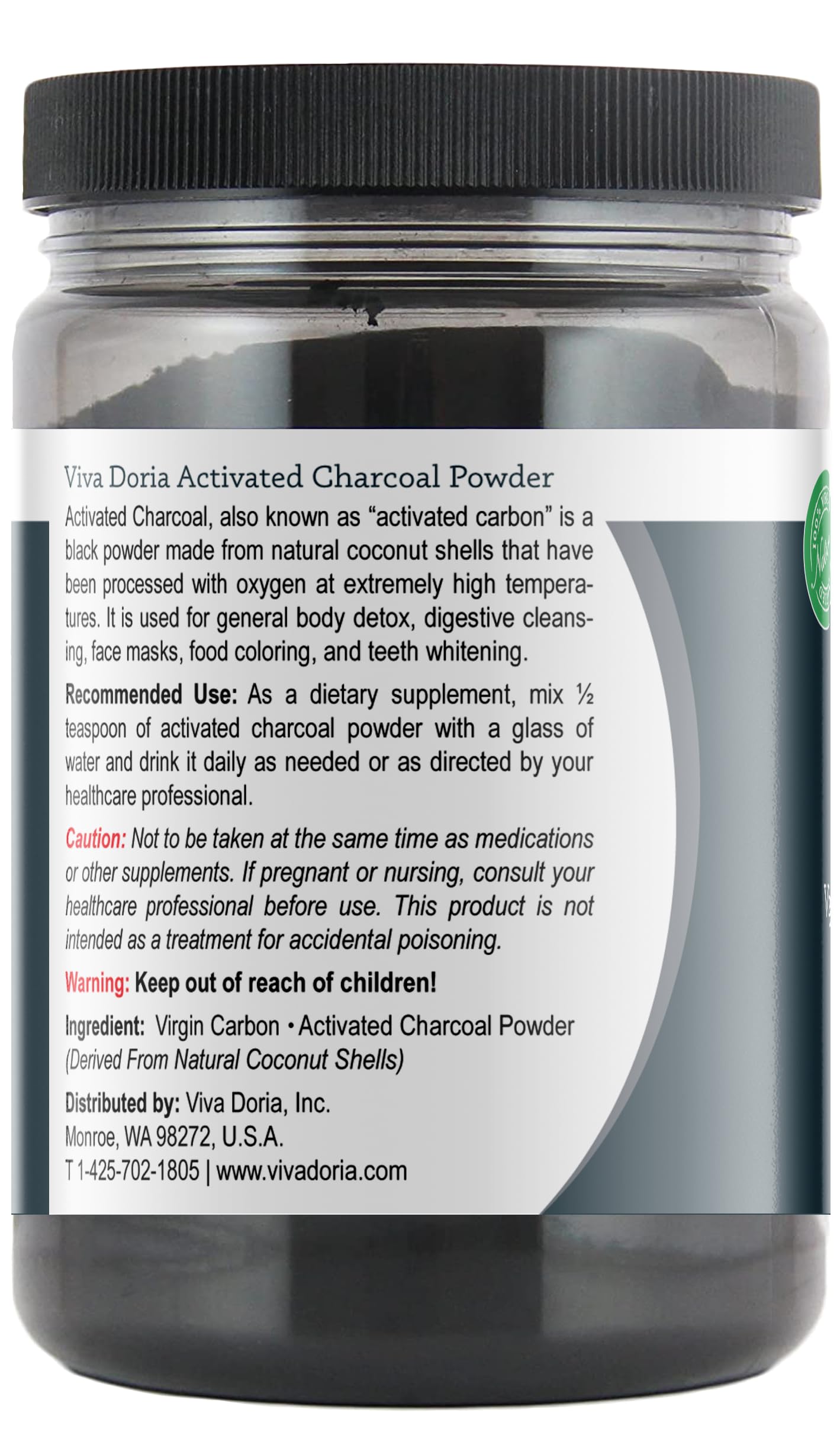 Viva Doria Charbon Actif Virgin – bocal plastique pratique pour dosage et conservation.