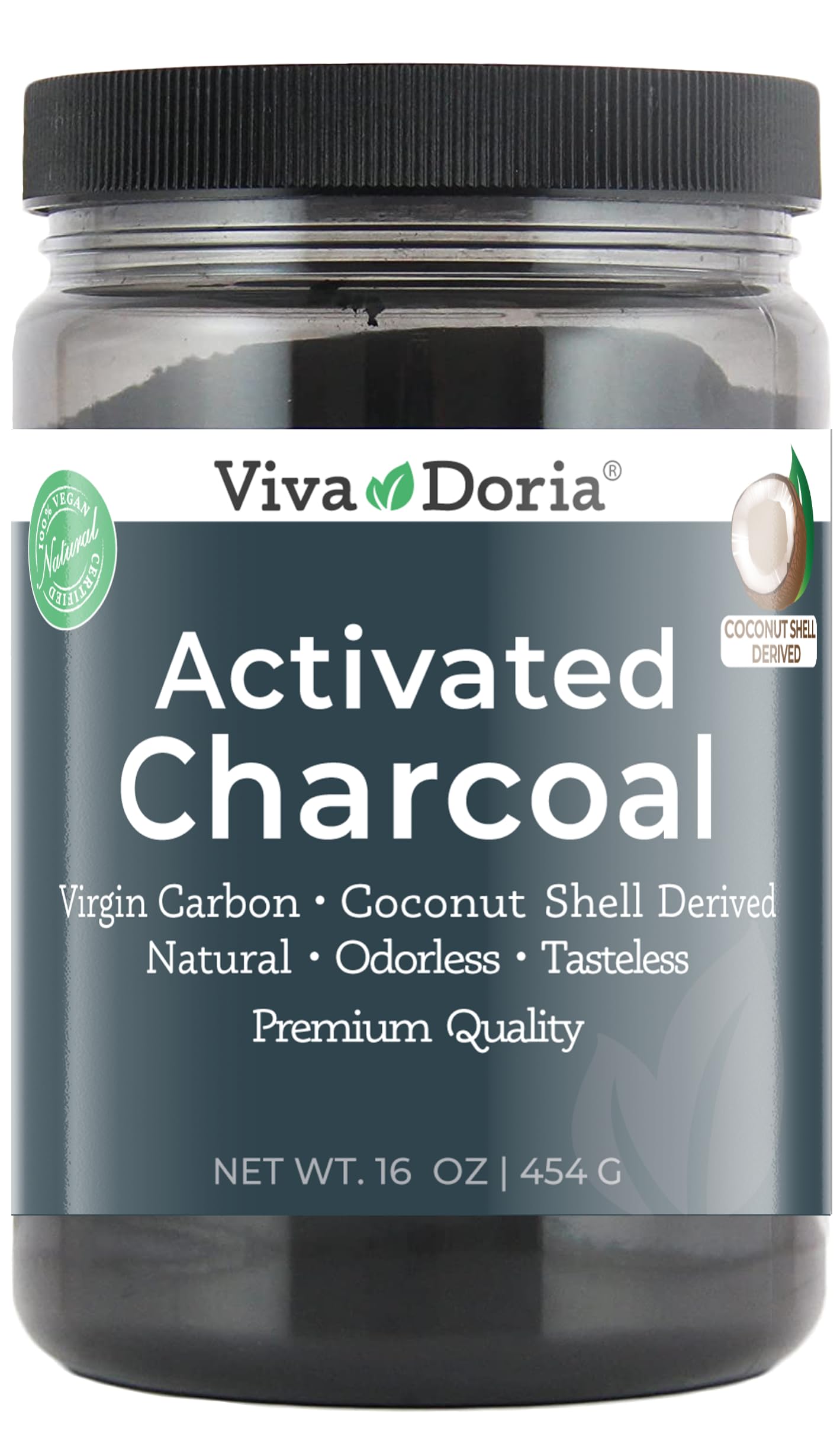 Viva Doria Charbon Actif Virgin – poudre noire fine prête pour soins cosmétiques et dentaires.