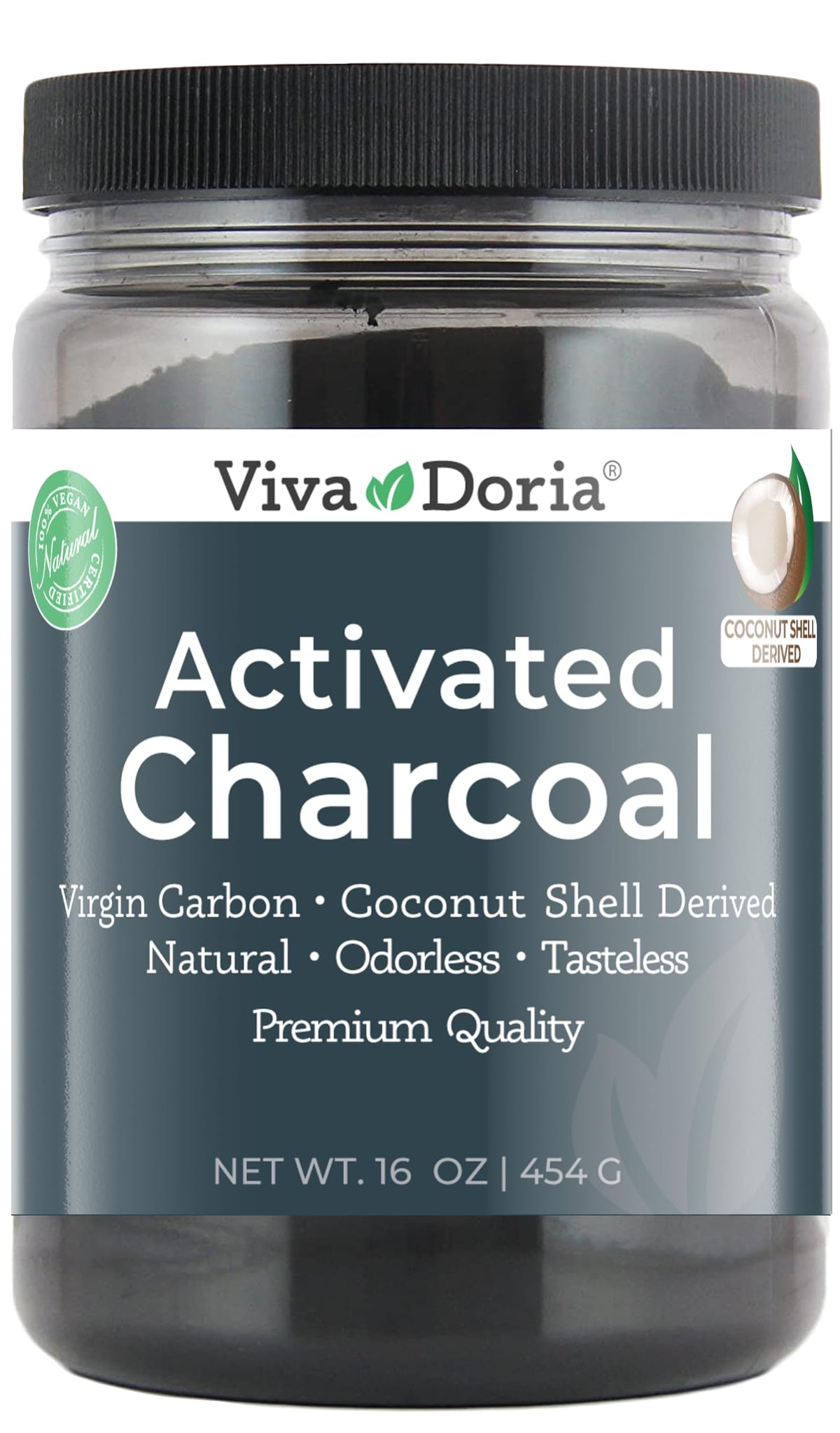 Viva Doria Charbon Actif Virgin – poudre noire fine prête pour soins cosmétiques et dentaires.