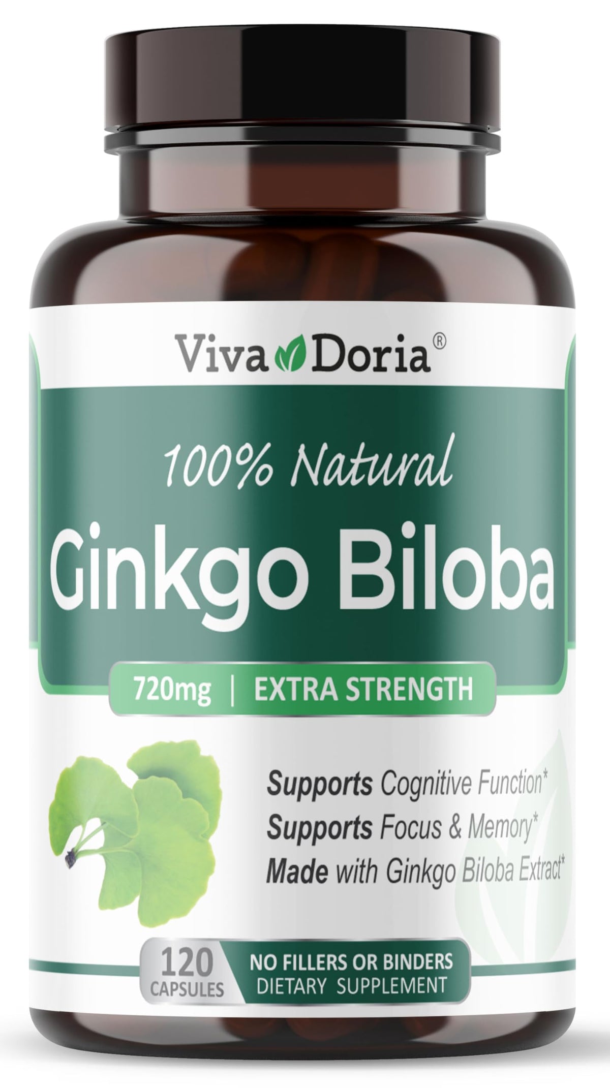 Viva Doria Ginkgo Biloba, bouteille 720 mg, soutien potentiel à la concentration.