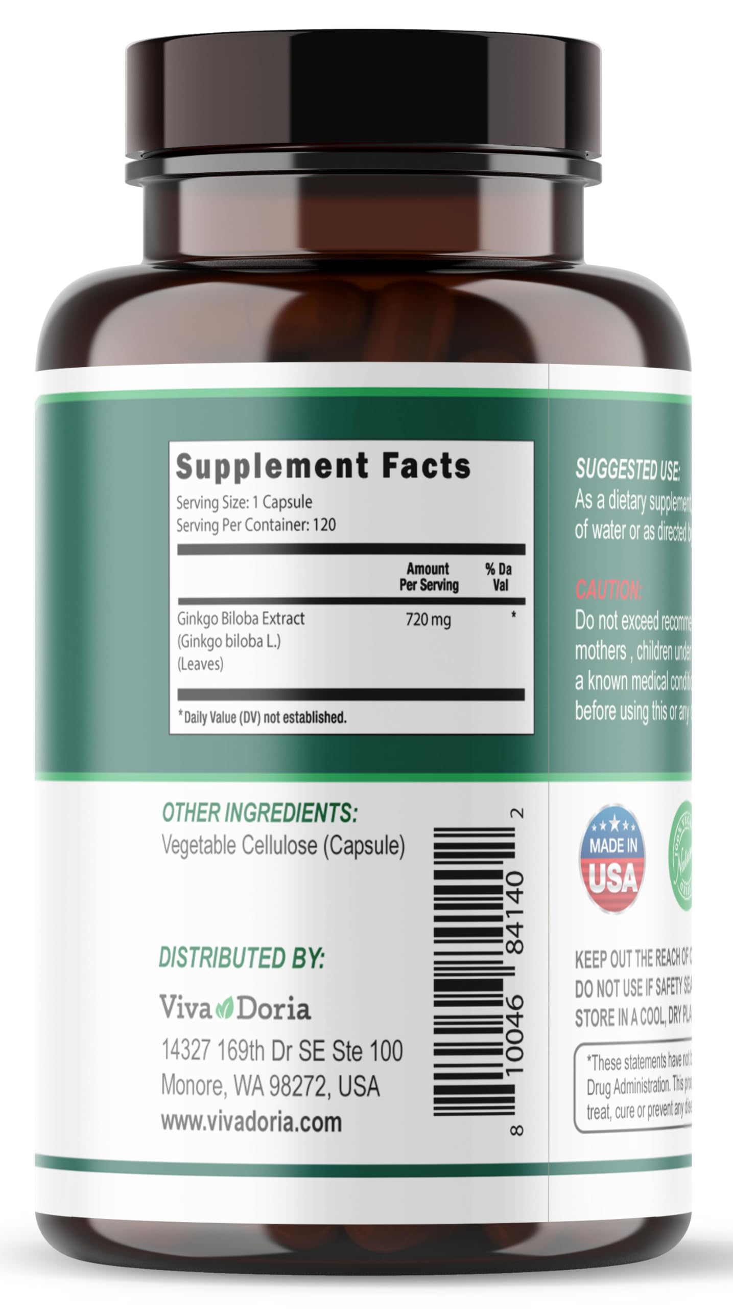 Viva Doria Ginkgo Biloba, étiquette visible et format pratique.