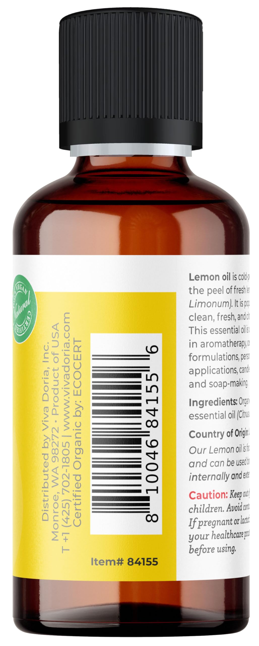 Etiquette Viva Doria sur flacon citron biologique certifie qualité alimentaire.