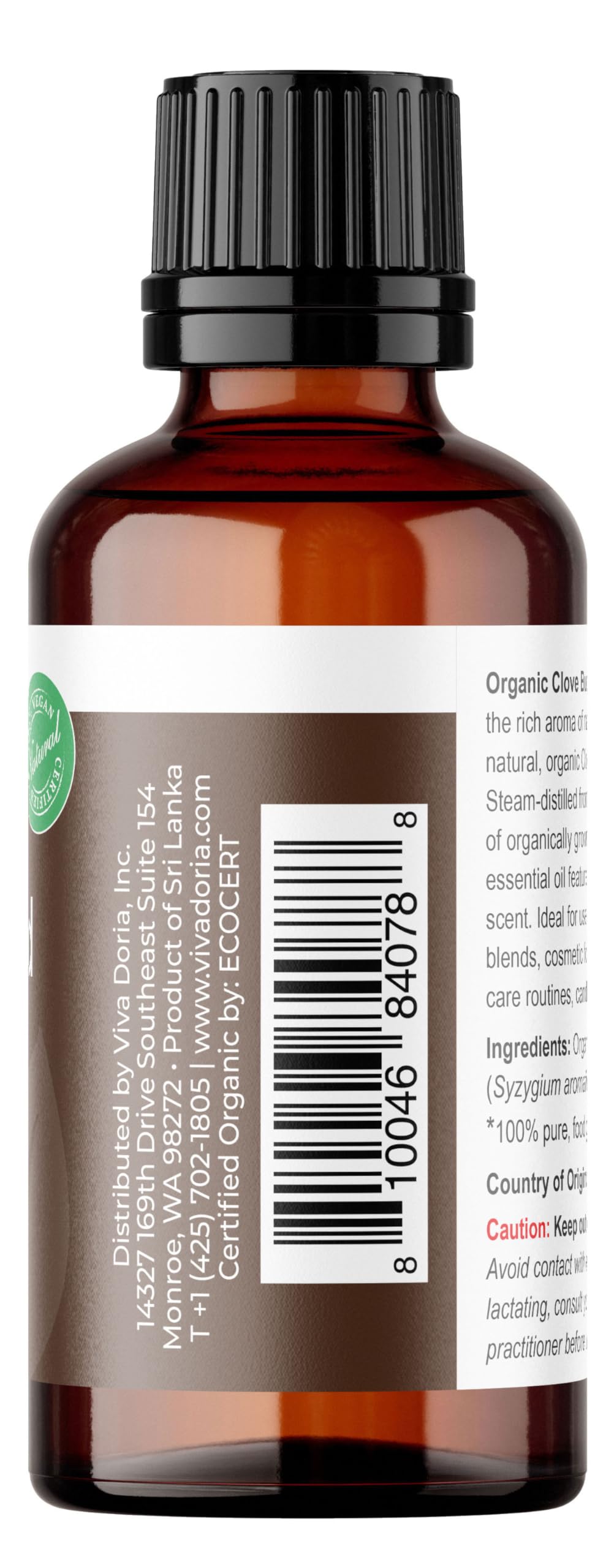 Viva Doria girofle, flacon étiqueté biologique, source Sri Lanka, pur et naturel.