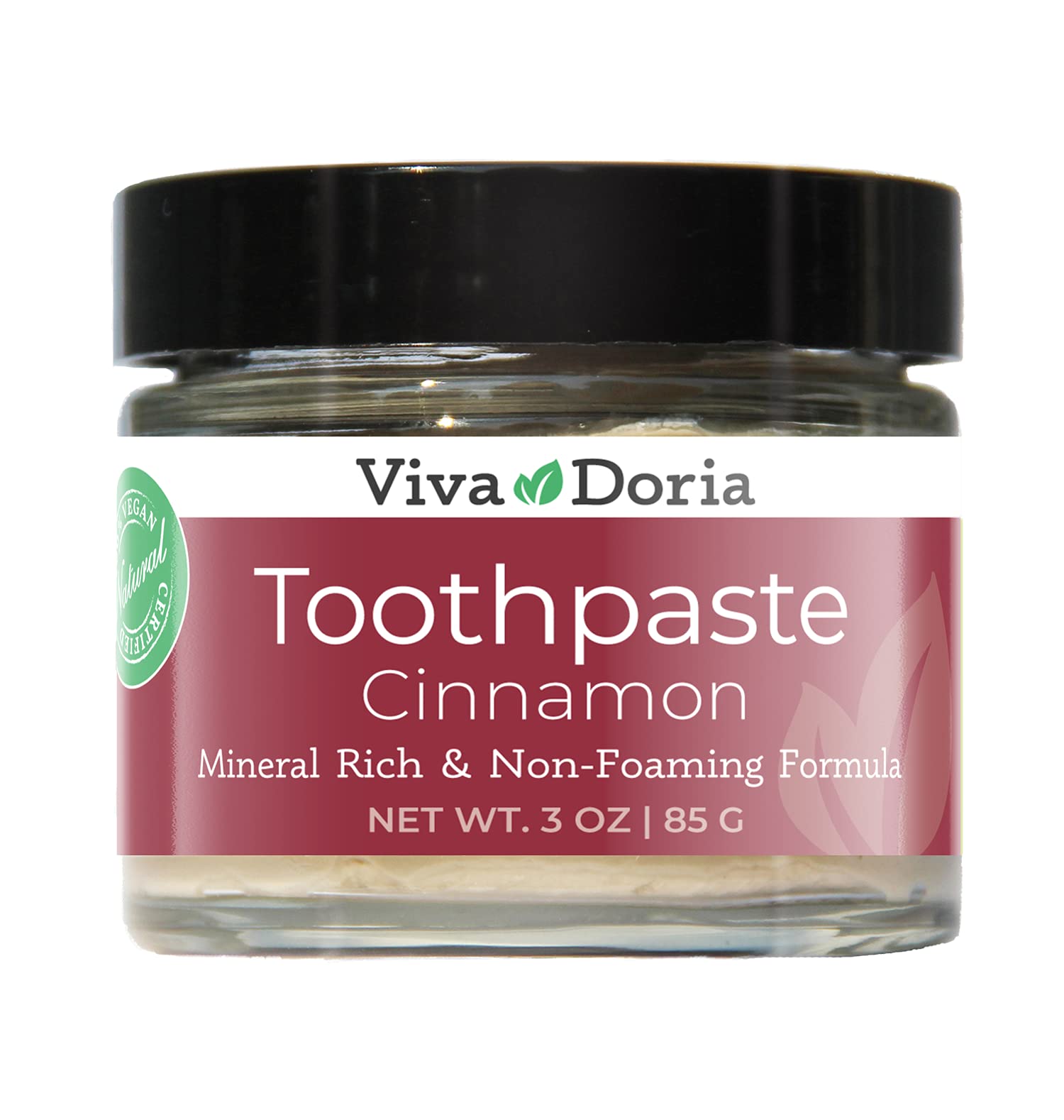 Pâte dentifrice Viva Doria Cannelle dans pot en verre, soin buccal naturel.